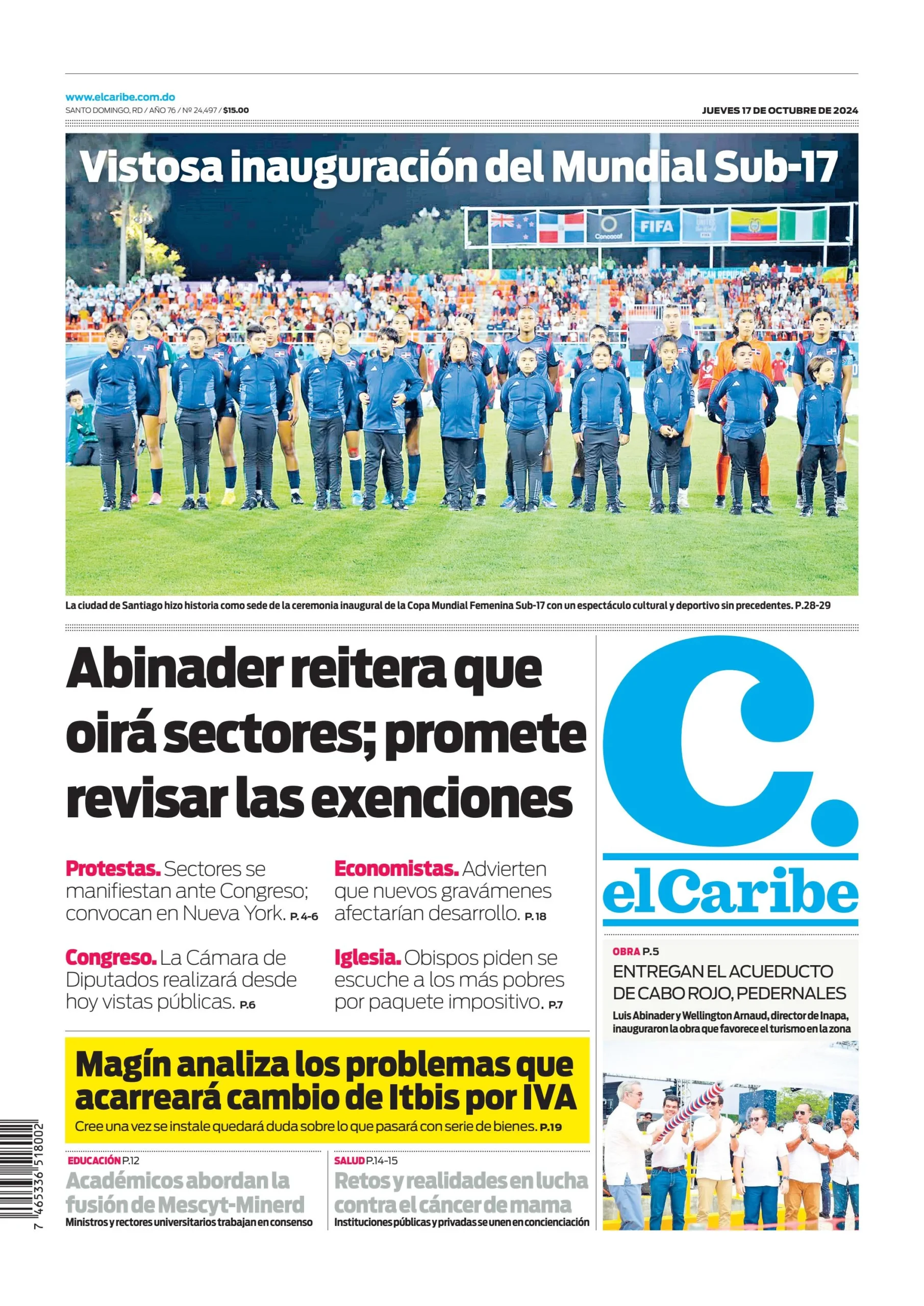 Portada Periódico El Caribe, Jueves 17 Octubre, 2024