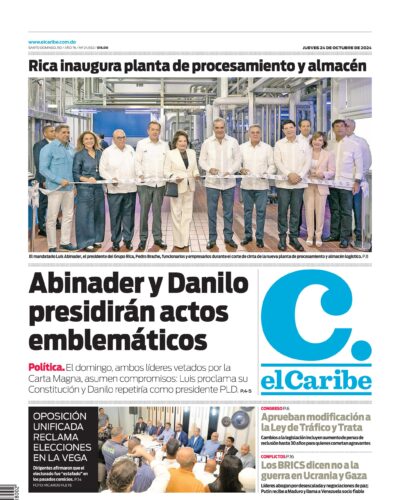 Portada Periódico El Caribe, Jueves 24 Octubre, 2024