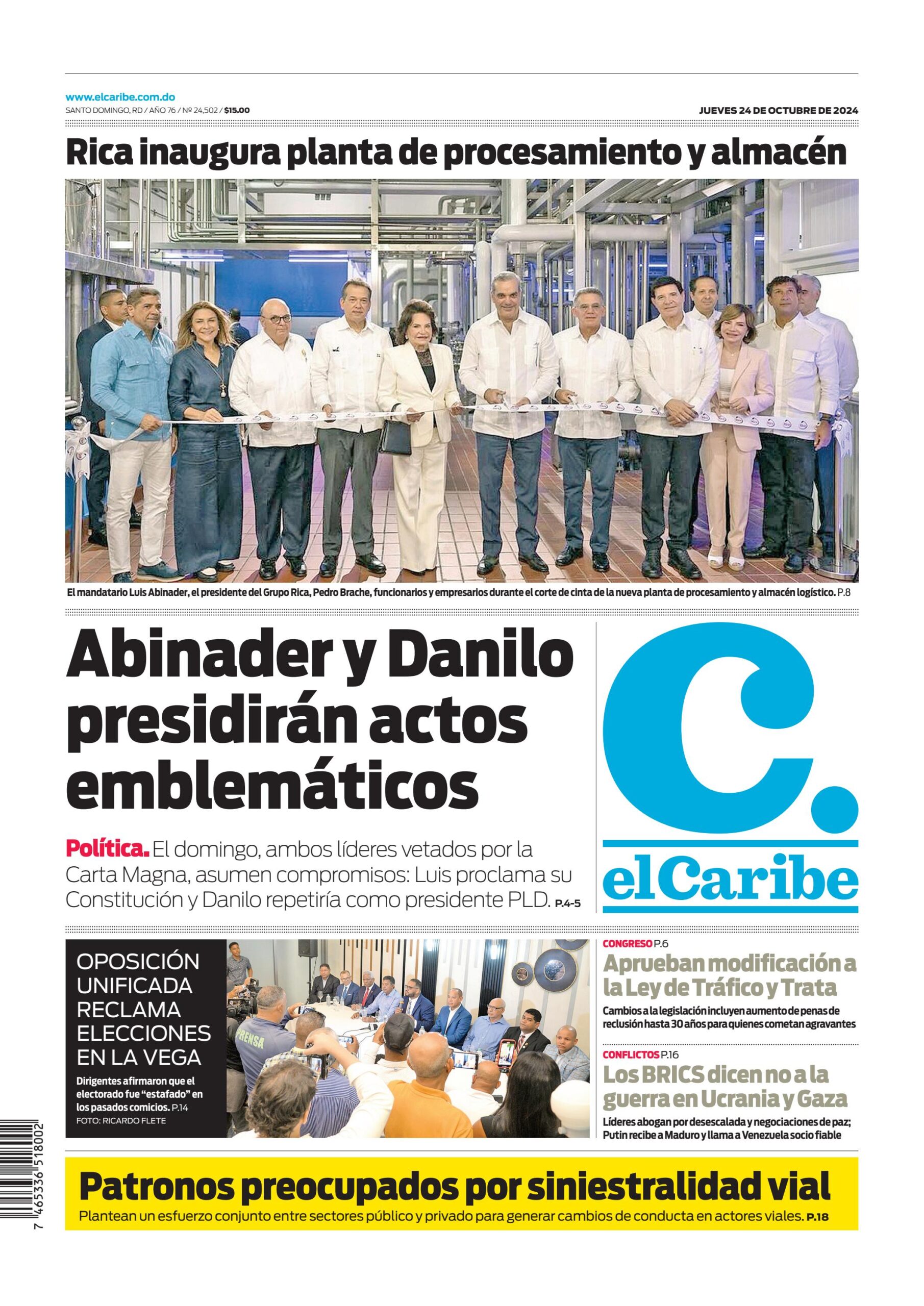 Portada Periódico El Caribe, Jueves 24 Octubre, 2024