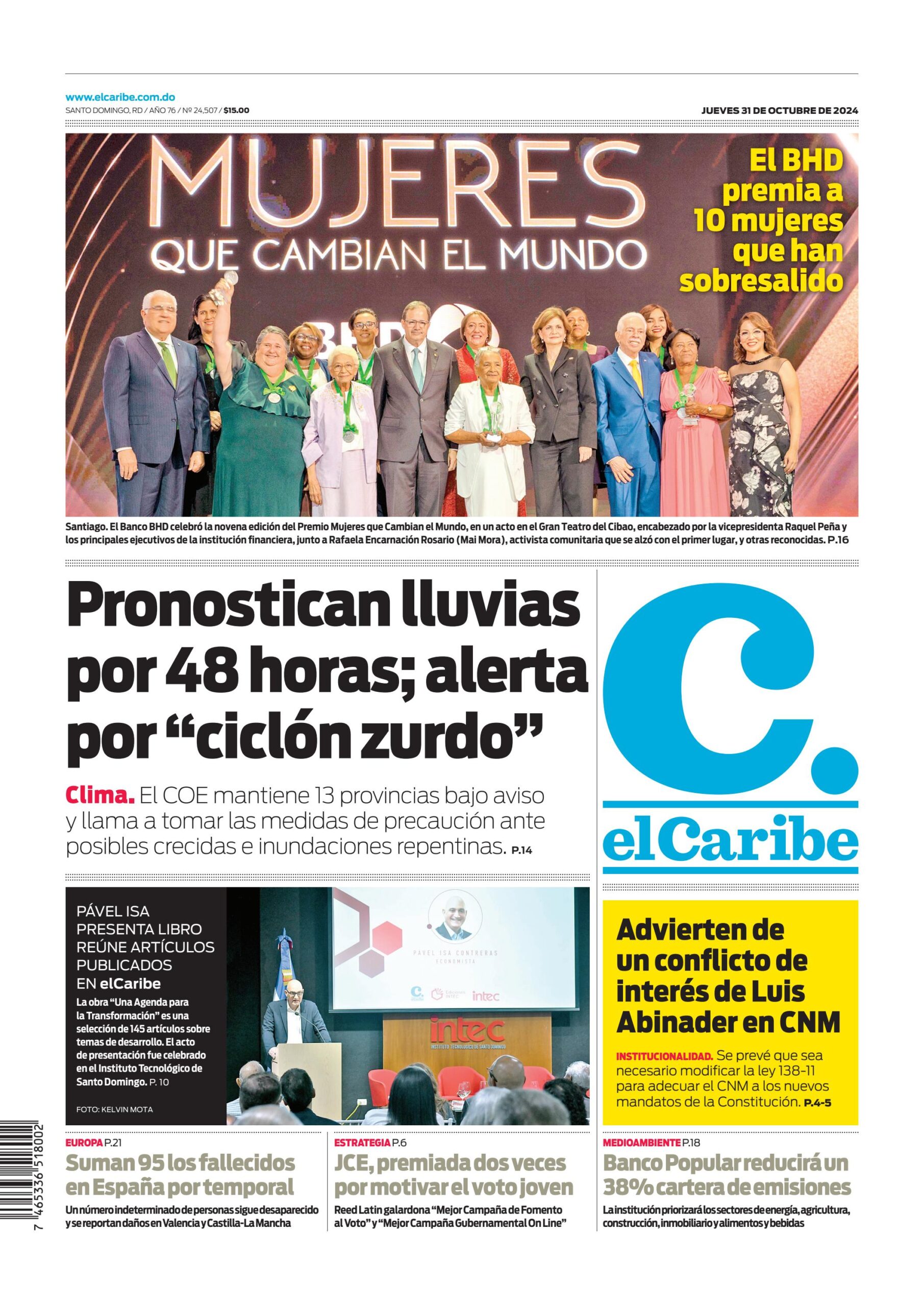 Portada Periódico El Caribe, Jueves 31 Octubre, 2024