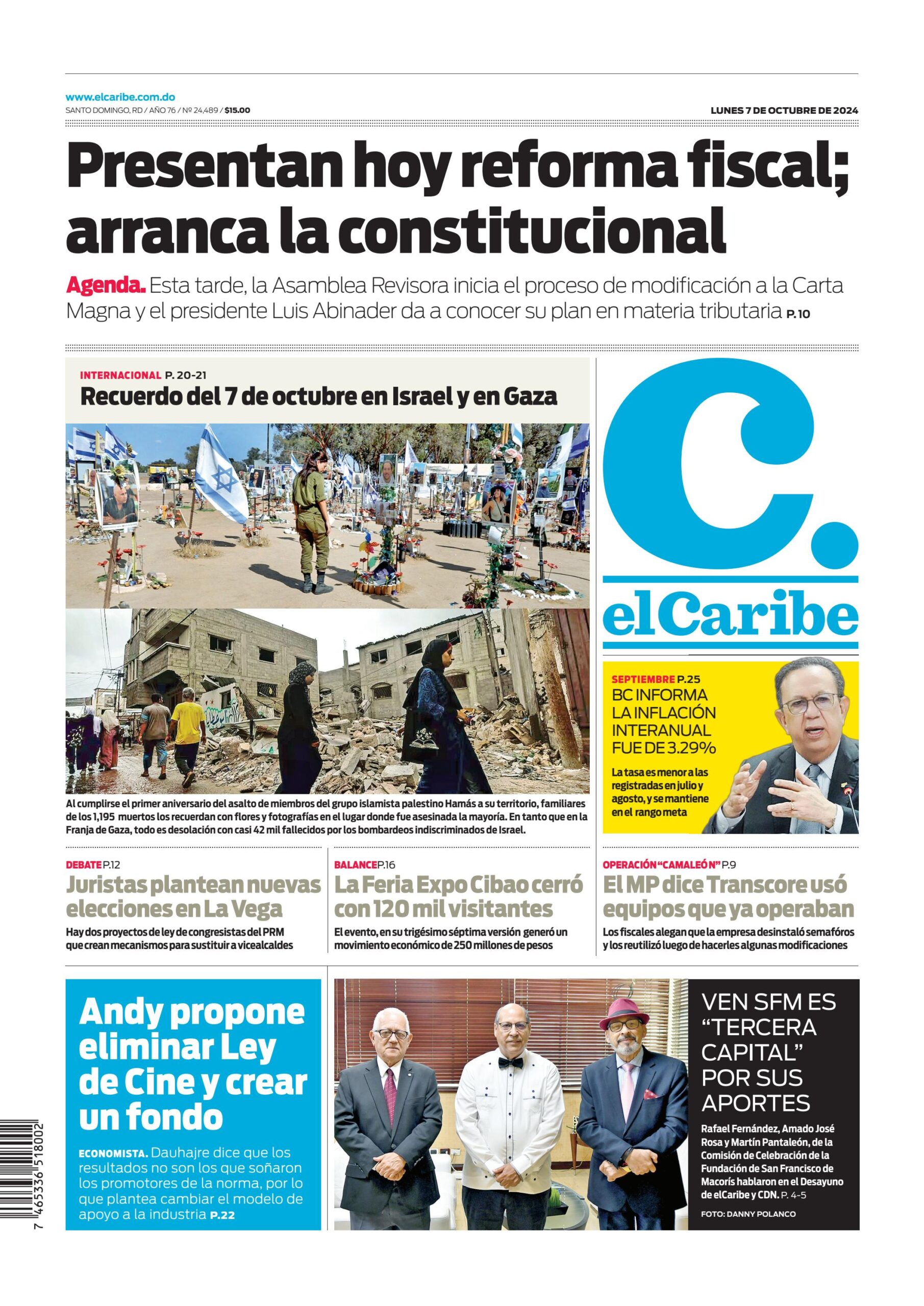 Portada Periódico El Caribe, Lunes 07 Octubre, 2024