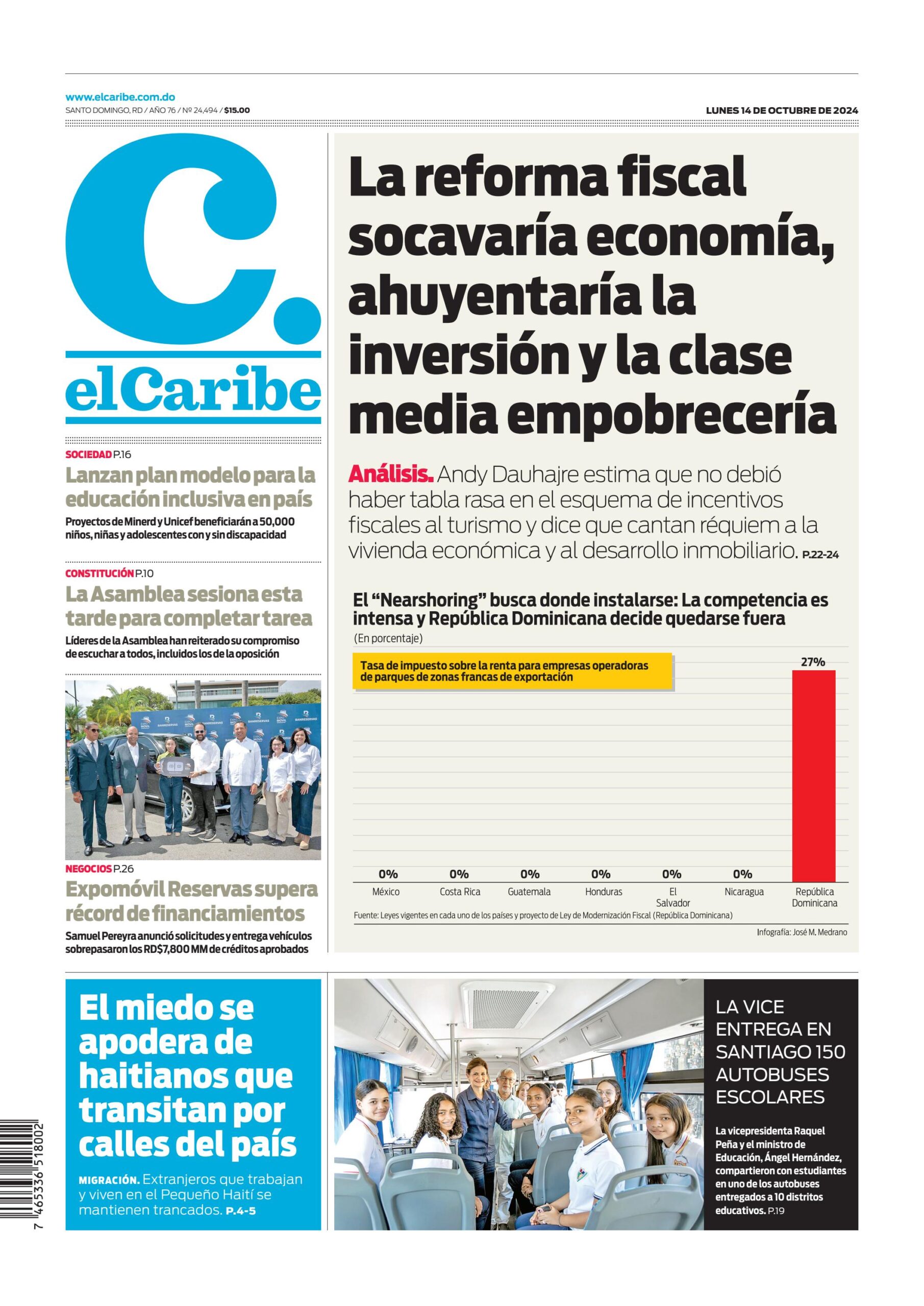 Portada Periódico El Caribe, Lunes 14 Octubre, 2024