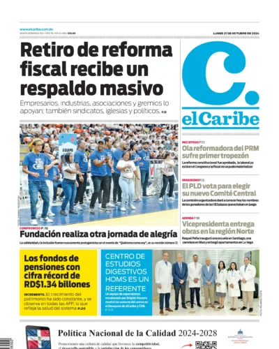 Portada Periódico El Caribe, Lunes 21 Octubre, 2024