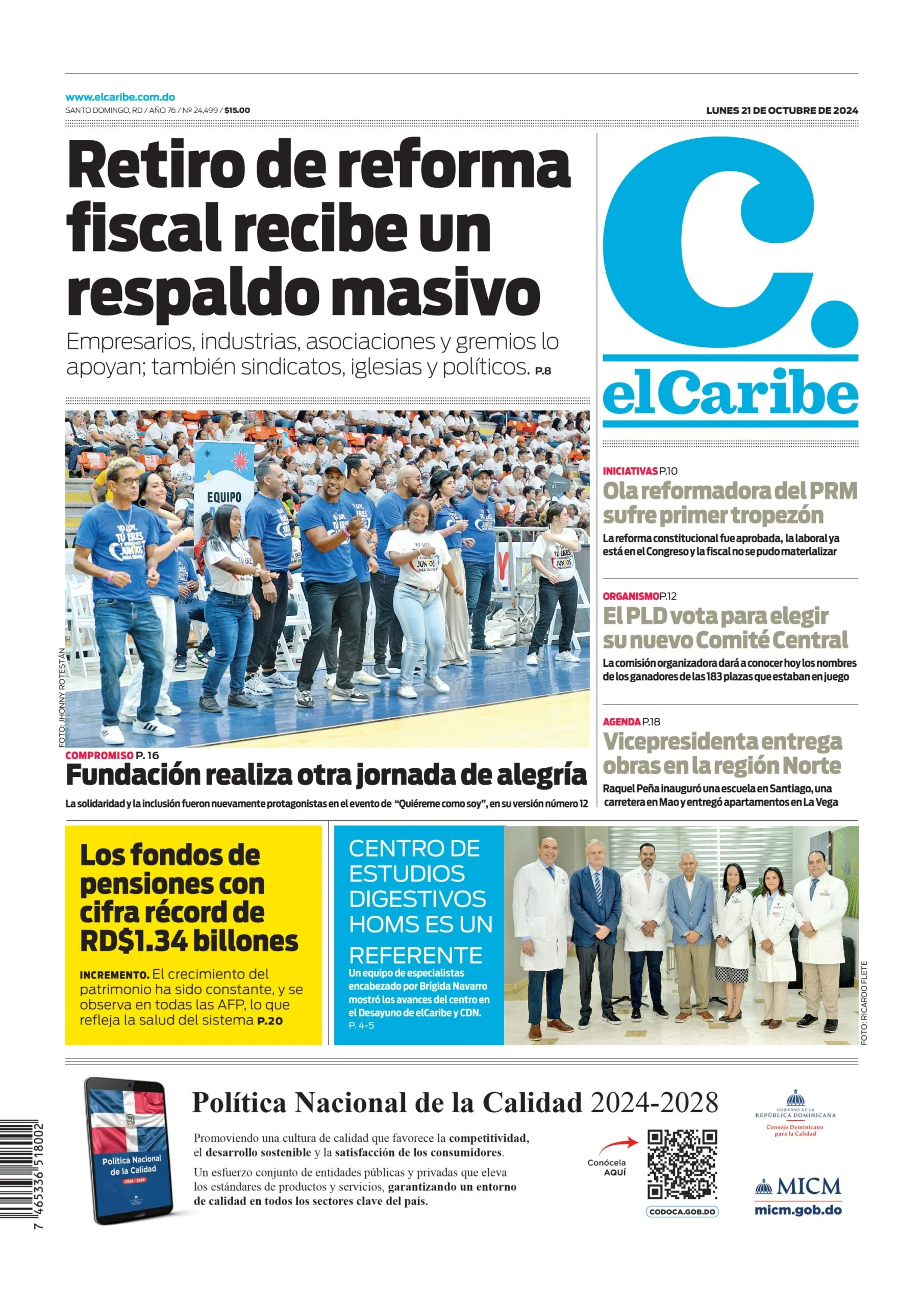 Portada Periódico El Caribe, Lunes 21 Octubre, 2024