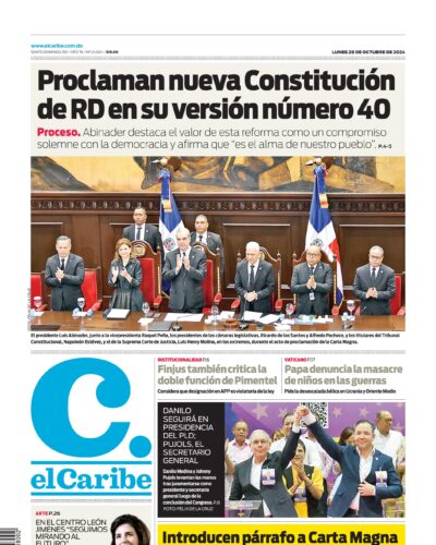 Portada Periódico El Caribe, Lunes 28 Octubre, 2024