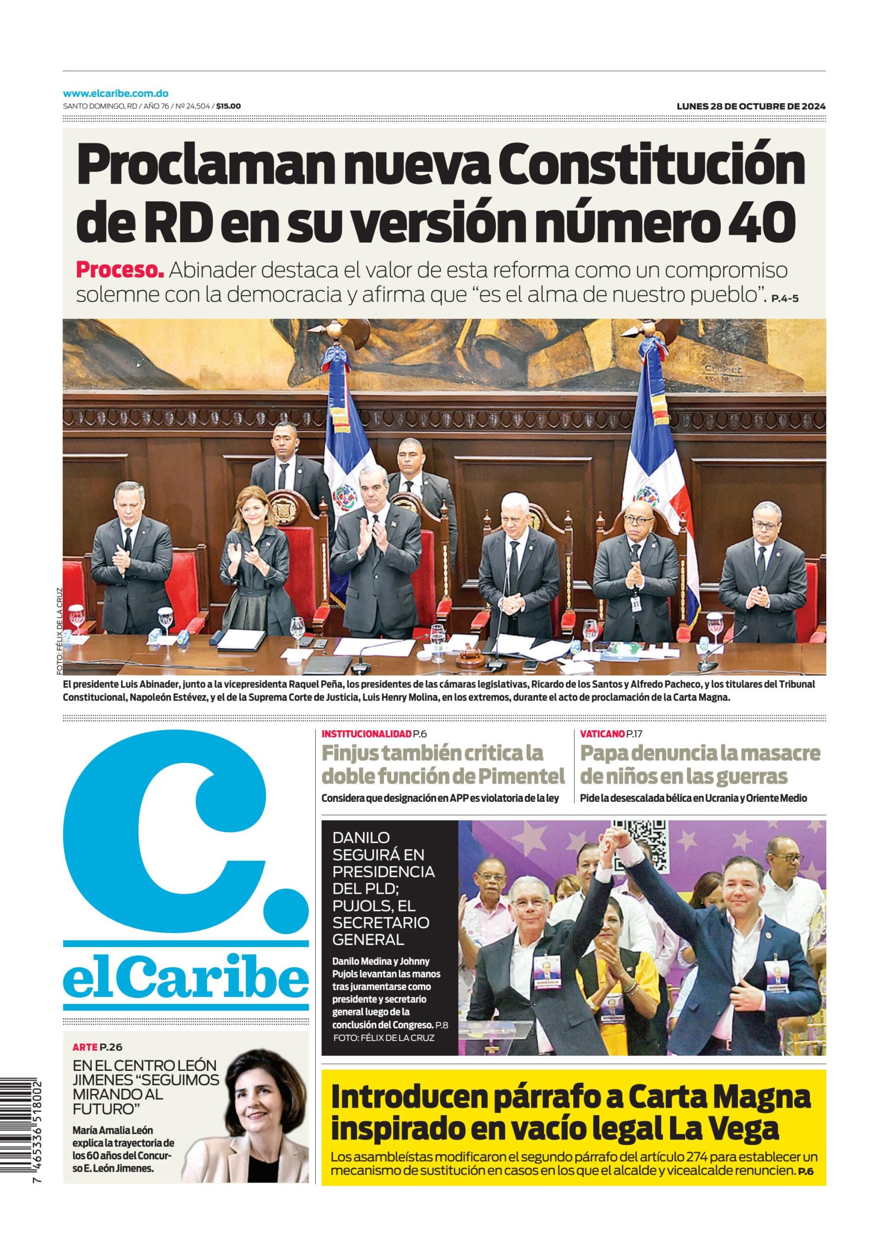 Portada Periódico El Caribe, Lunes 28 Octubre, 2024