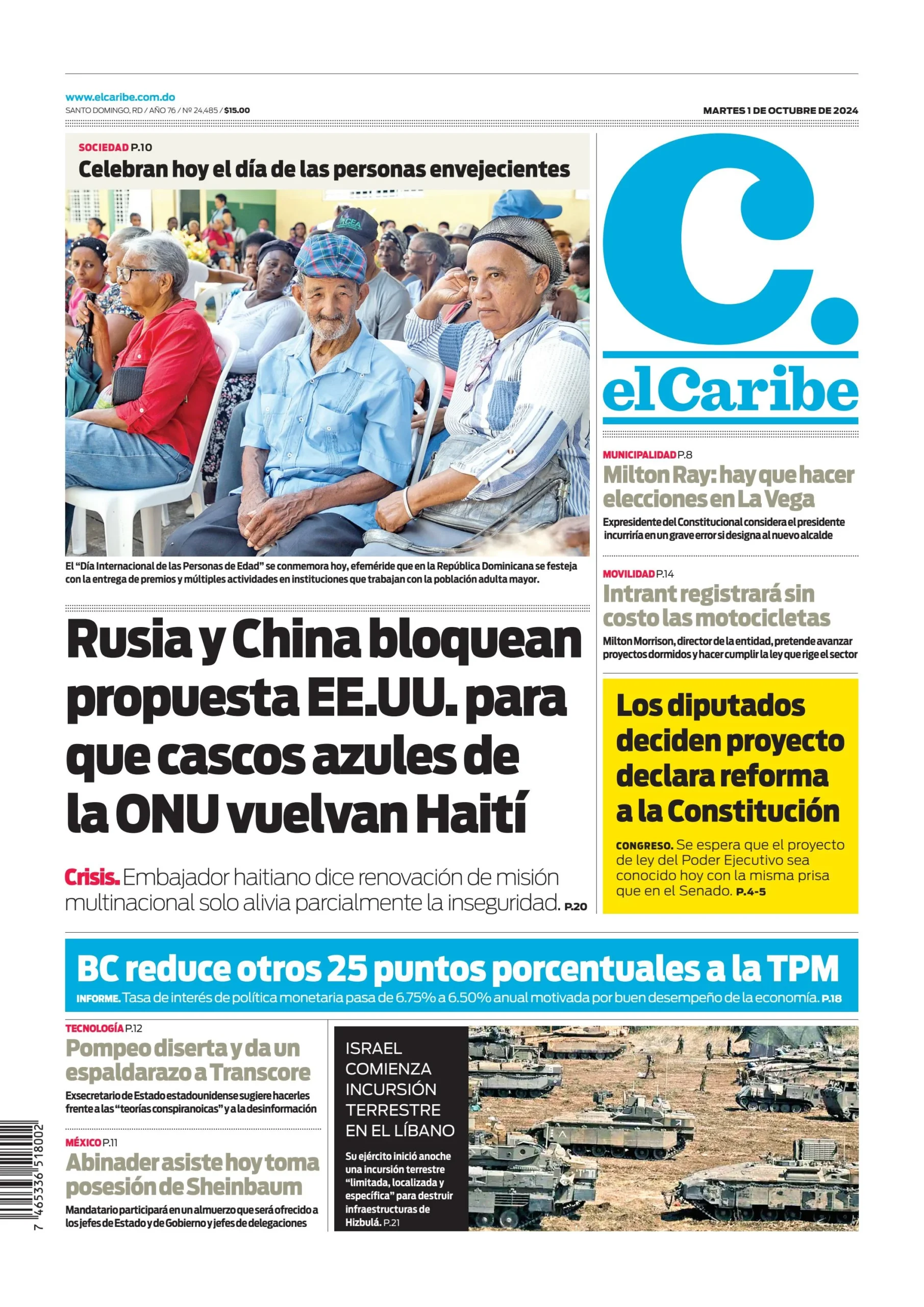 Portada Periódico El Caribe, Martes 01 Octubre, 2024