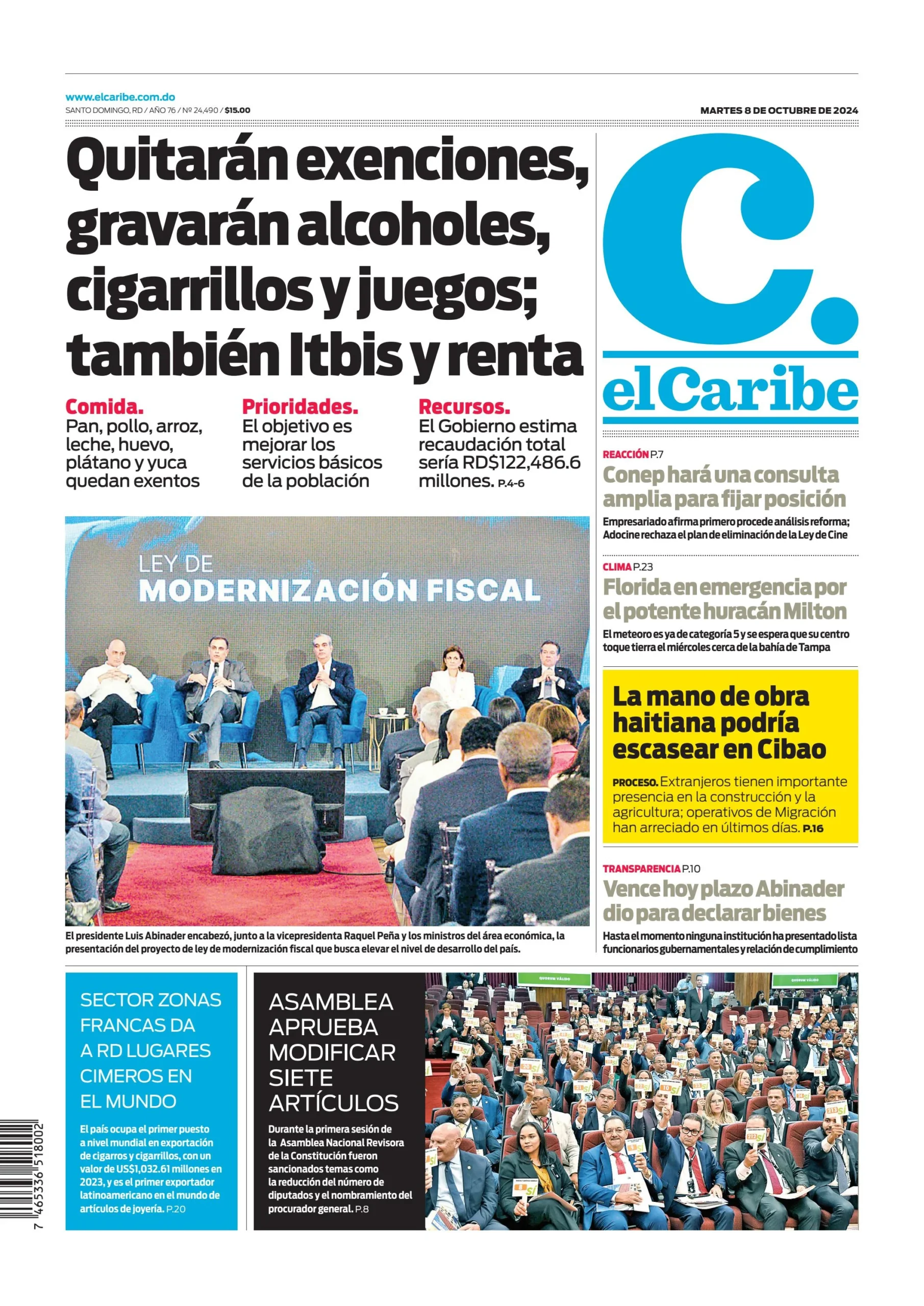 Portada Periódico El Caribe, Martes 08 Octubre, 2024