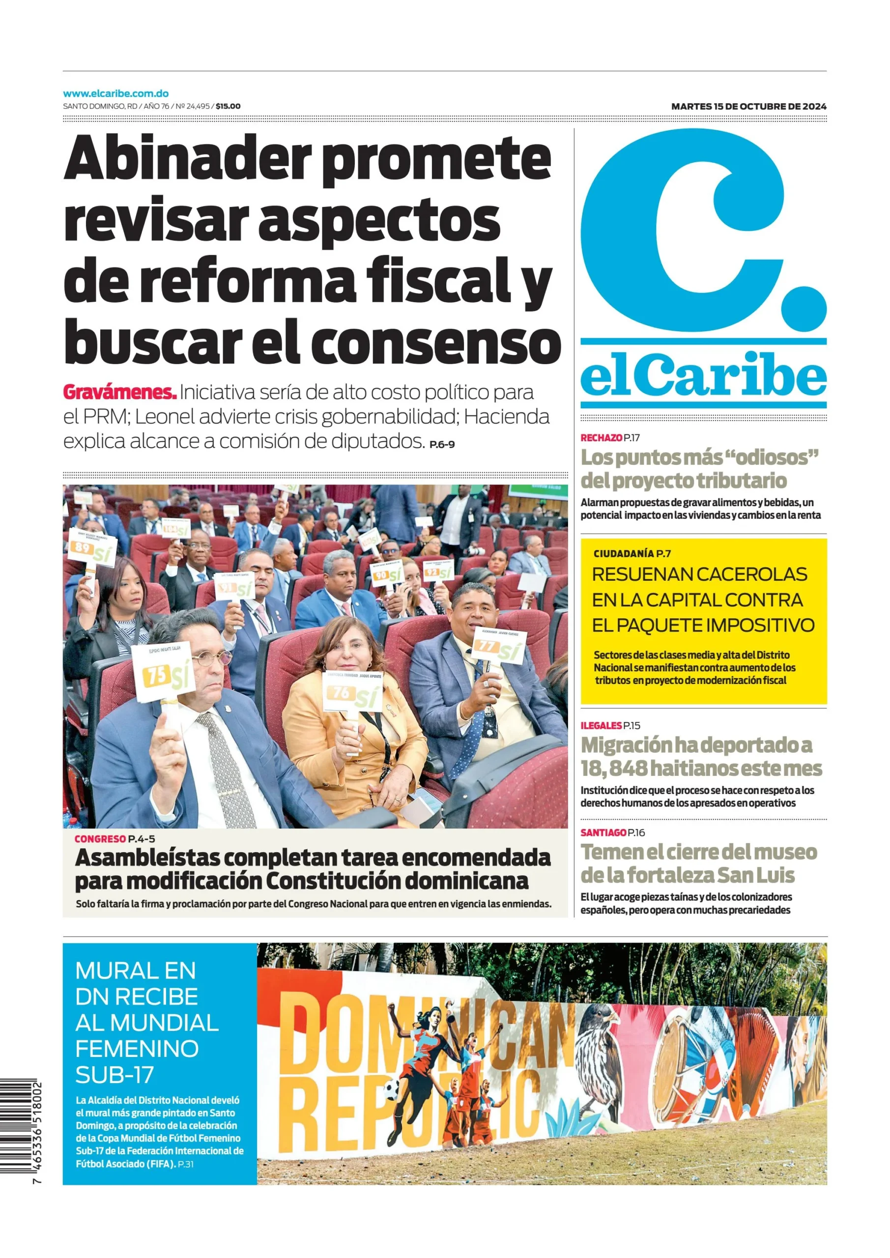 Portada Periódico El Caribe, Martes 15 Octubre, 2024