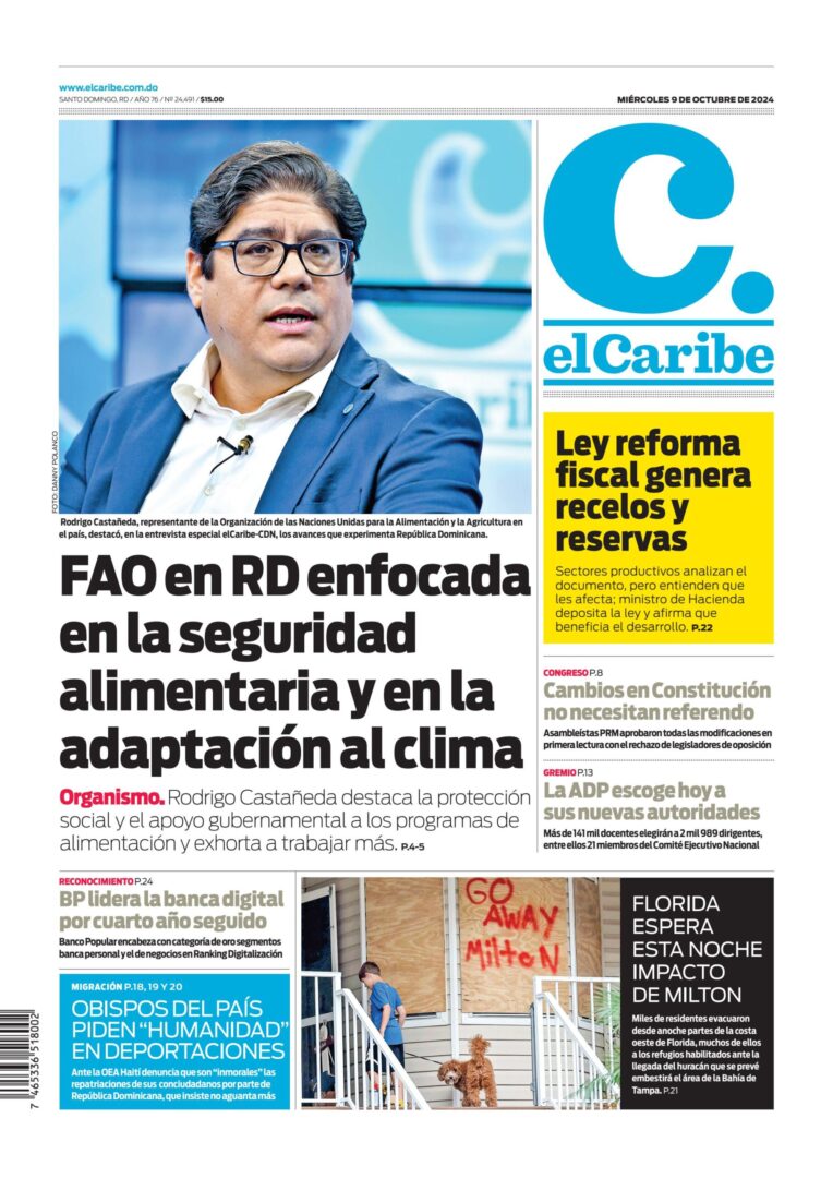 Portada Periódico El Caribe, Miércoles 09 Octubre, 2024
