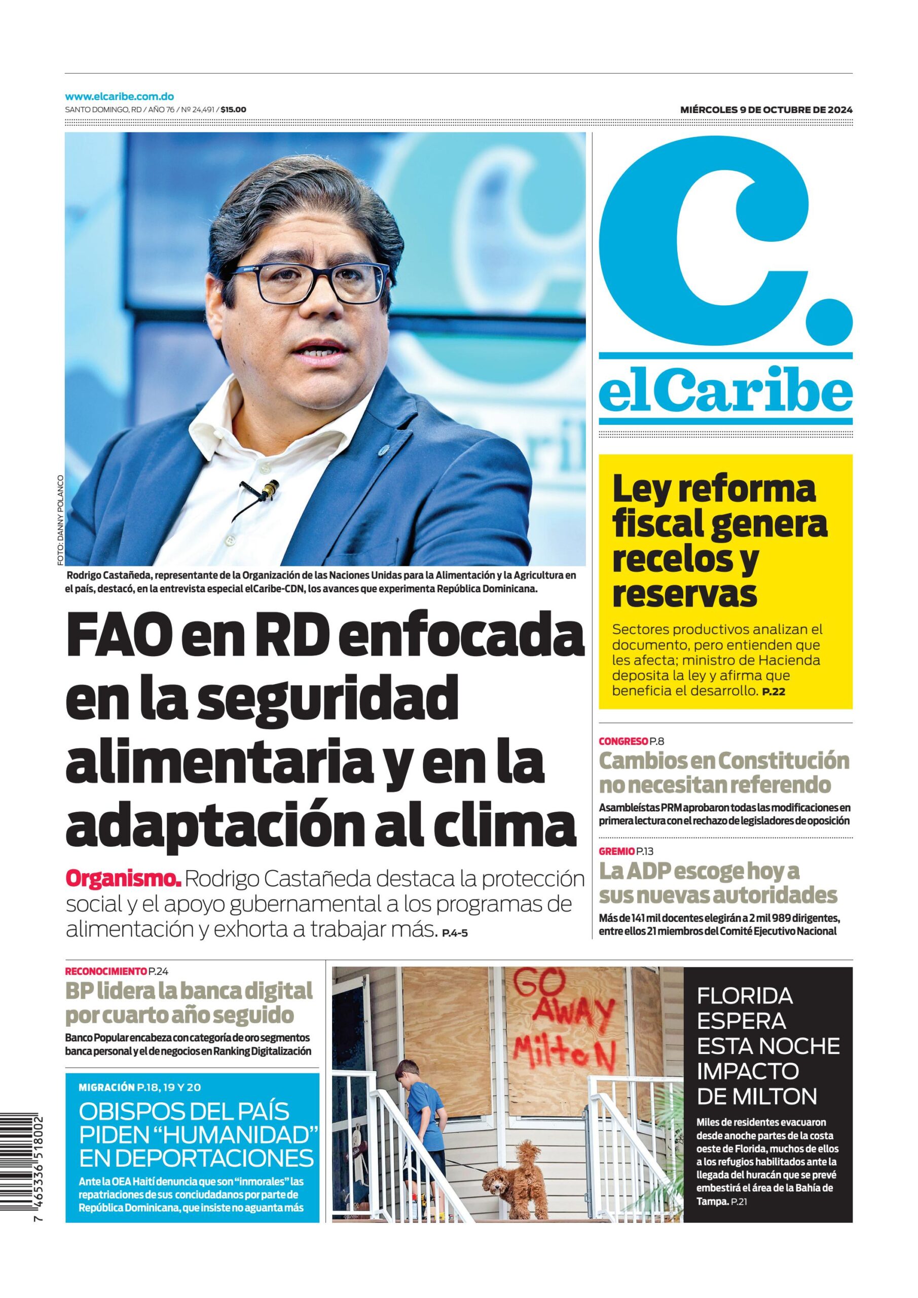 Portada Periódico El Caribe, Miércoles 09 Octubre, 2024