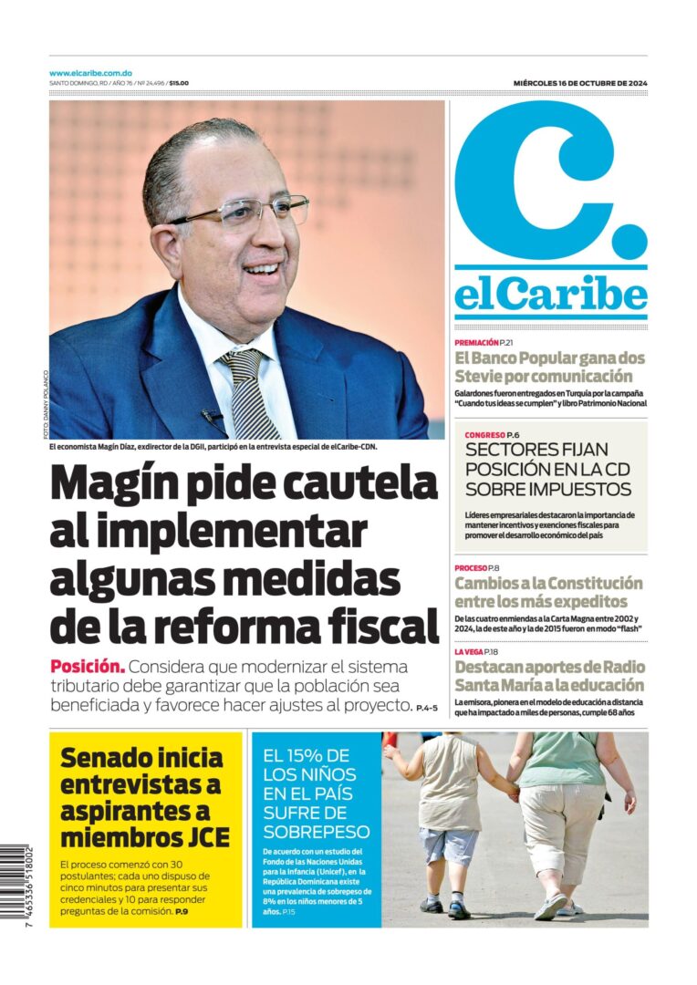 Portada Periódico El Caribe, Miércoles 16 Octubre, 2024