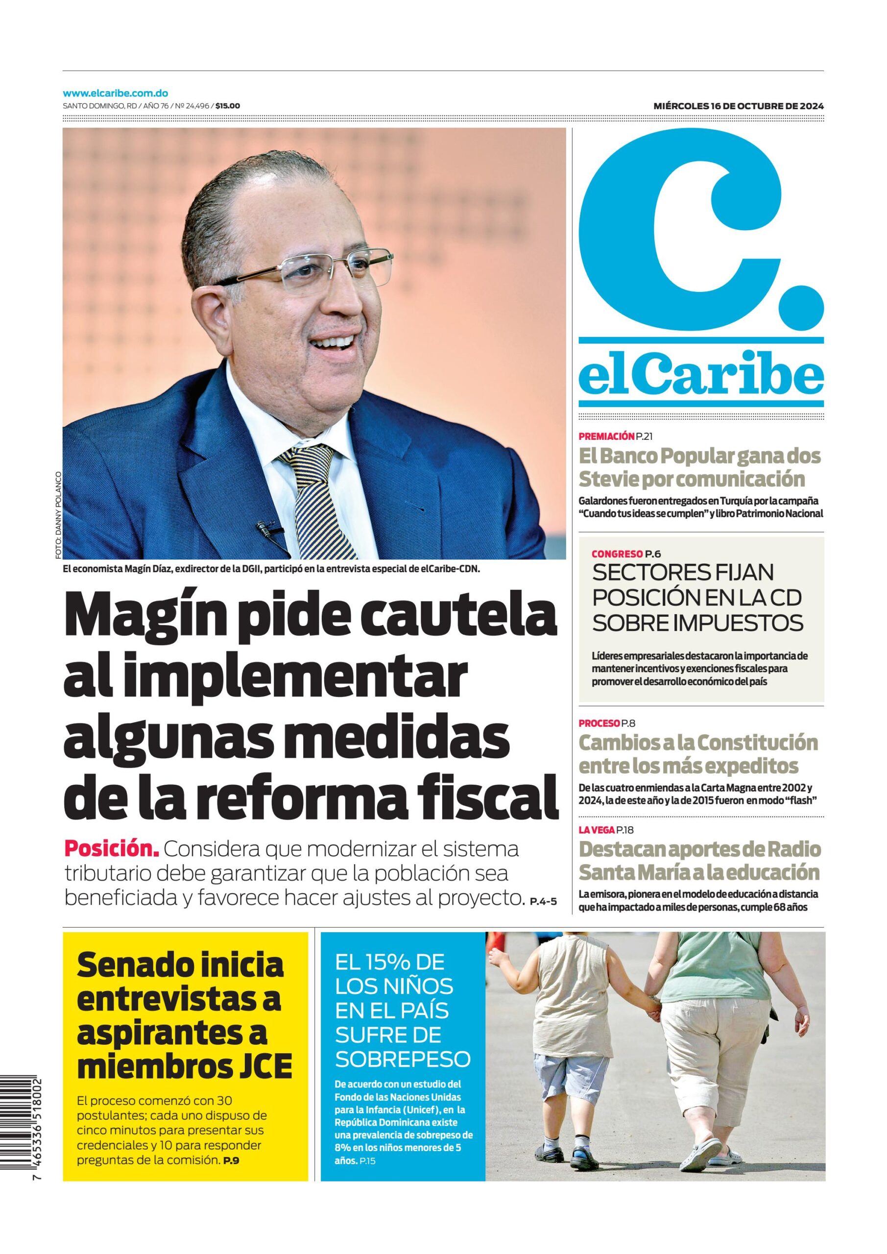 Portada Periódico El Caribe, Miércoles 16 Octubre, 2024