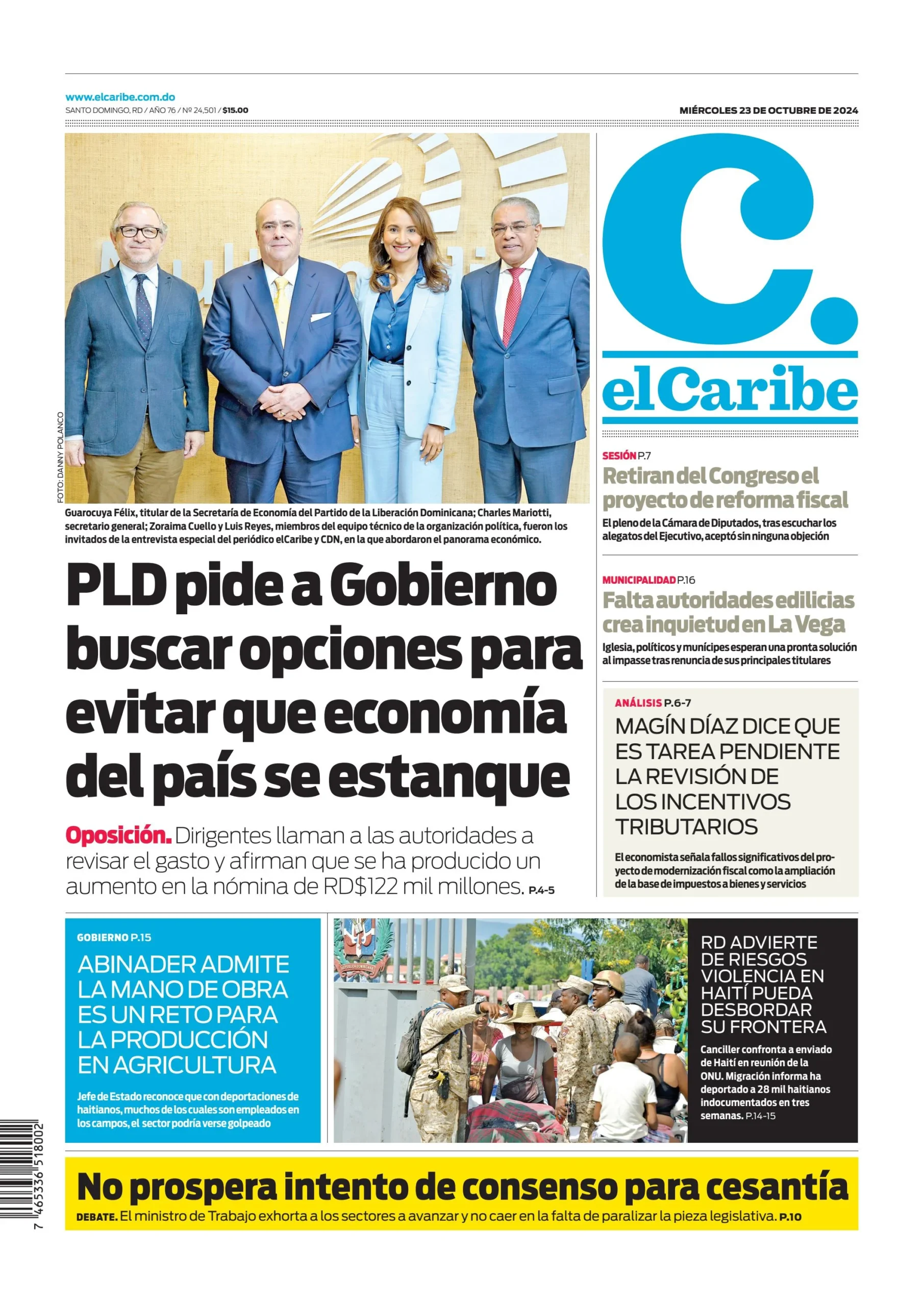 Portada Periódico El Caribe, Miércoles 23 Octubre, 2024