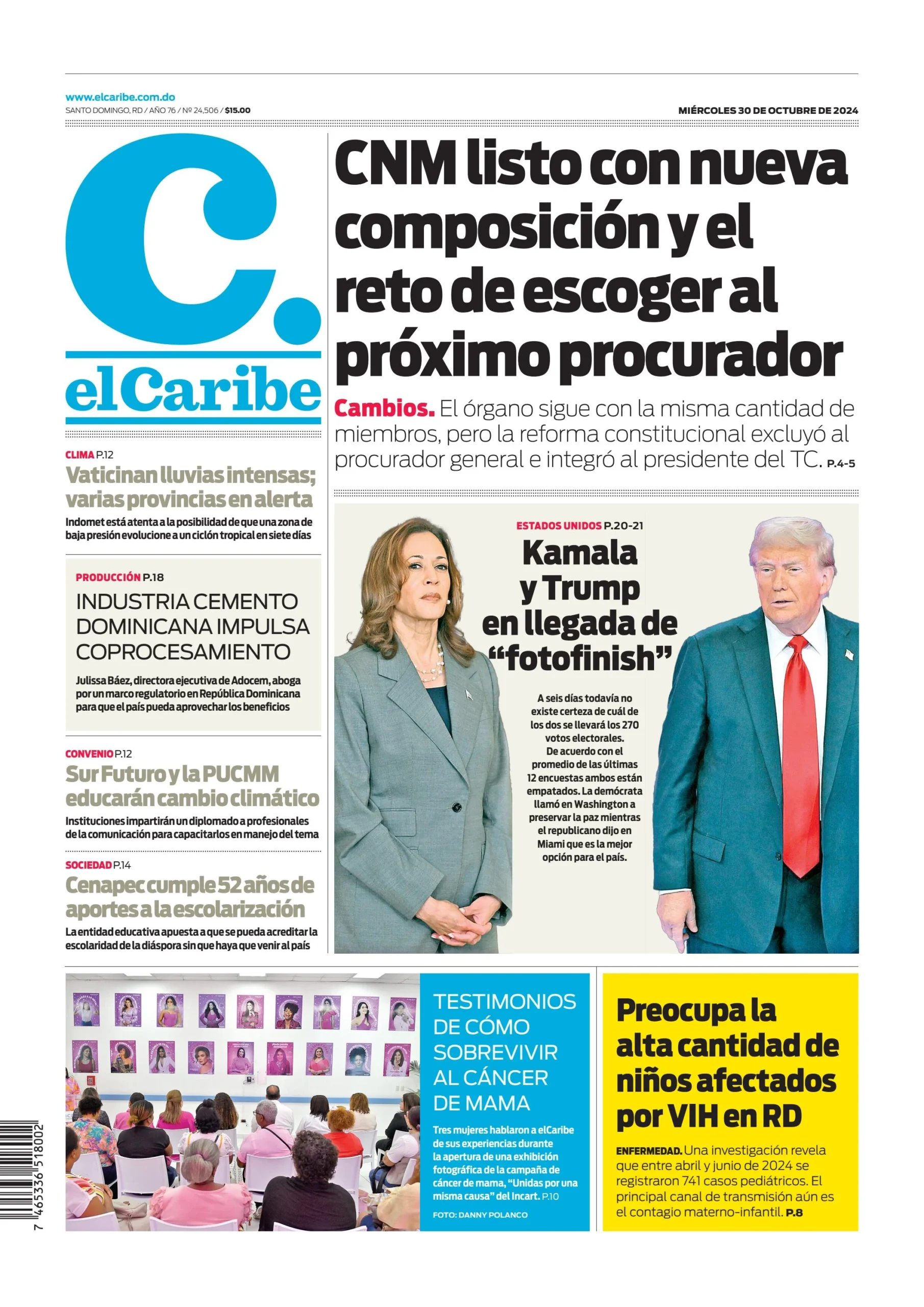 Portada Periódico El Caribe, Miércoles 30 Octubre, 2024