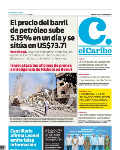 Portada Periódico El Caribe, Viernes 04 Octubre, 2024