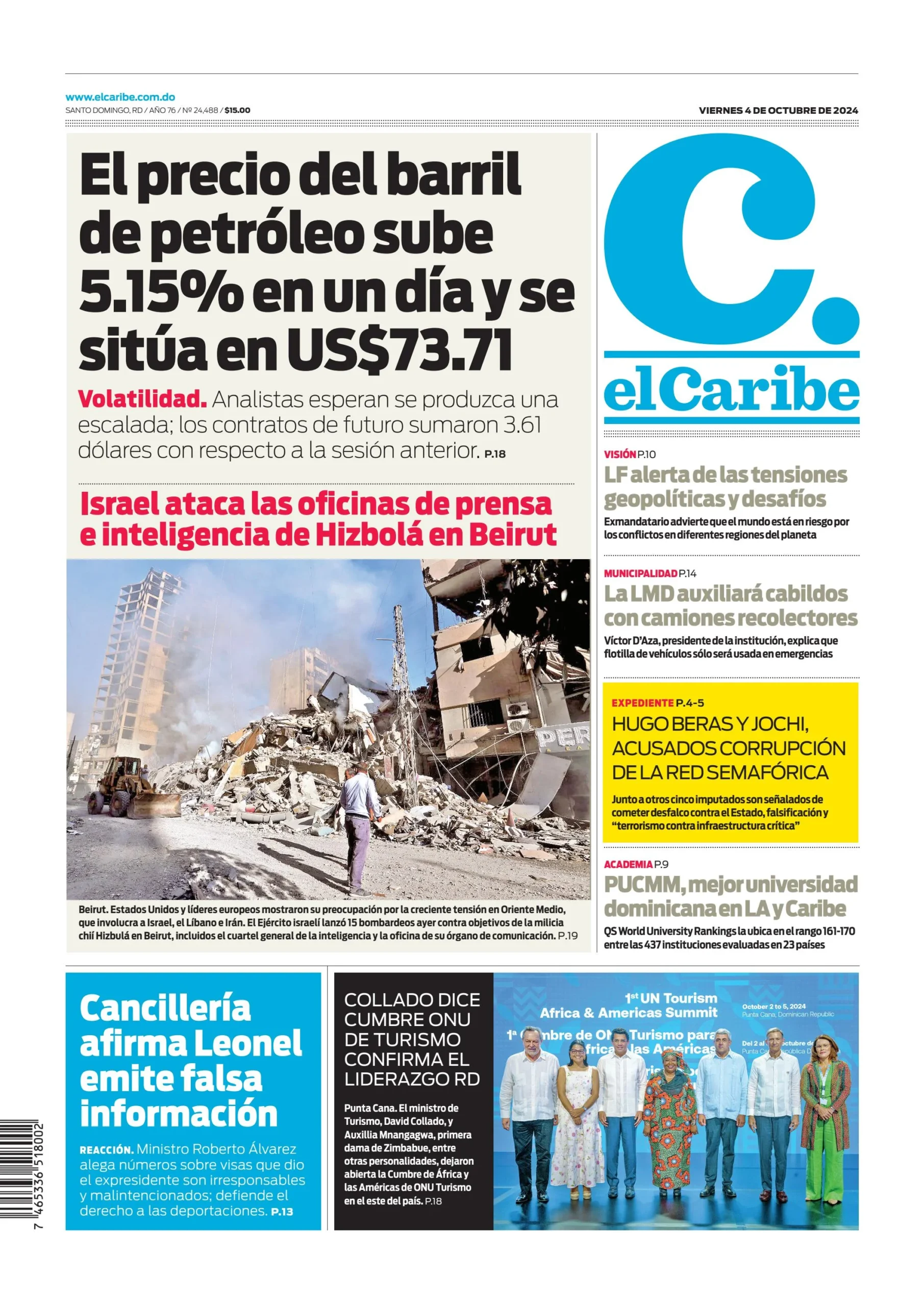 Portada Periódico El Caribe, Viernes 04 Octubre, 2024