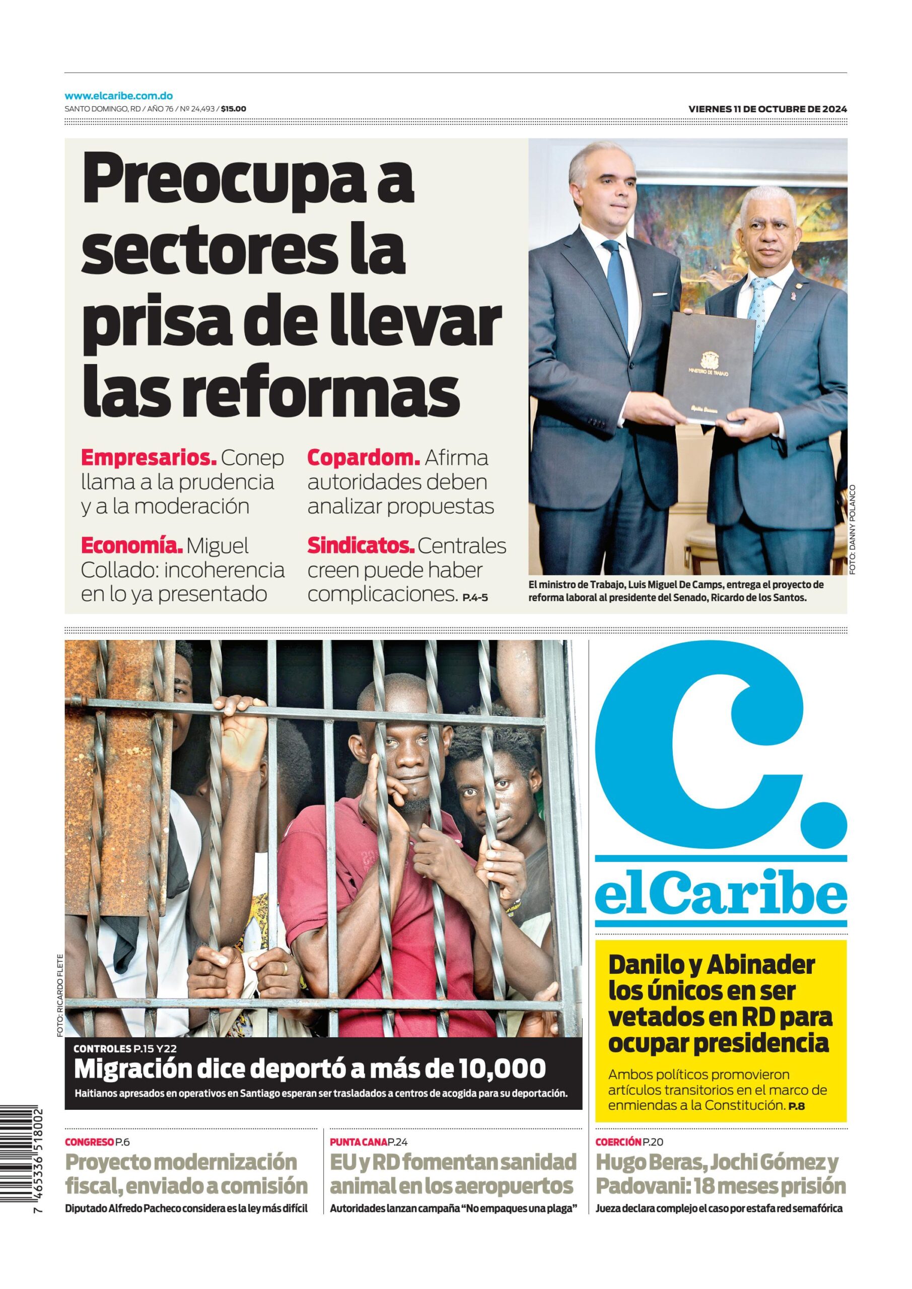 Portada Periódico El Caribe, Viernes 11 Octubre, 2024