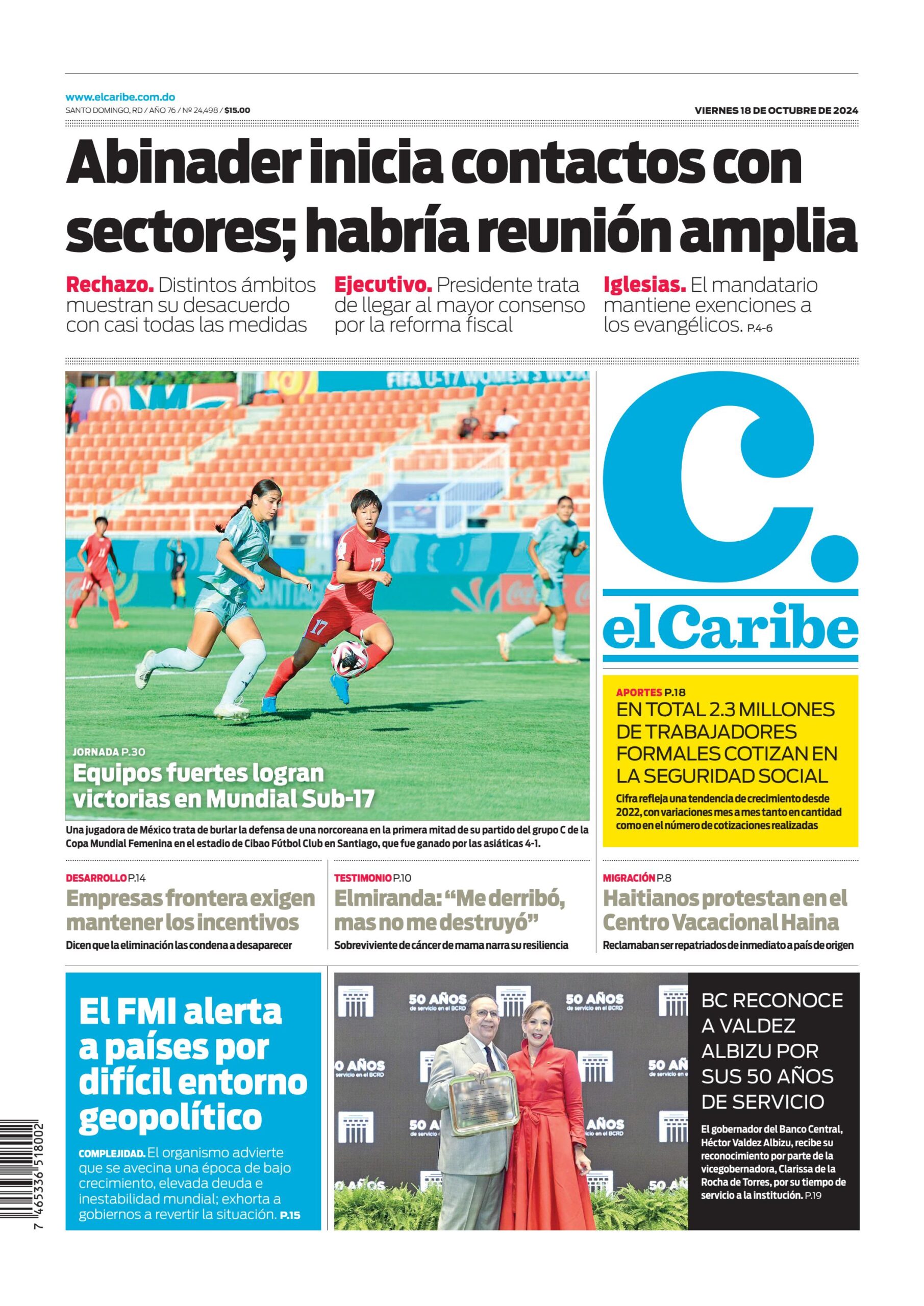 Portada Periódico El Caribe, Viernes 18 Octubre, 2024