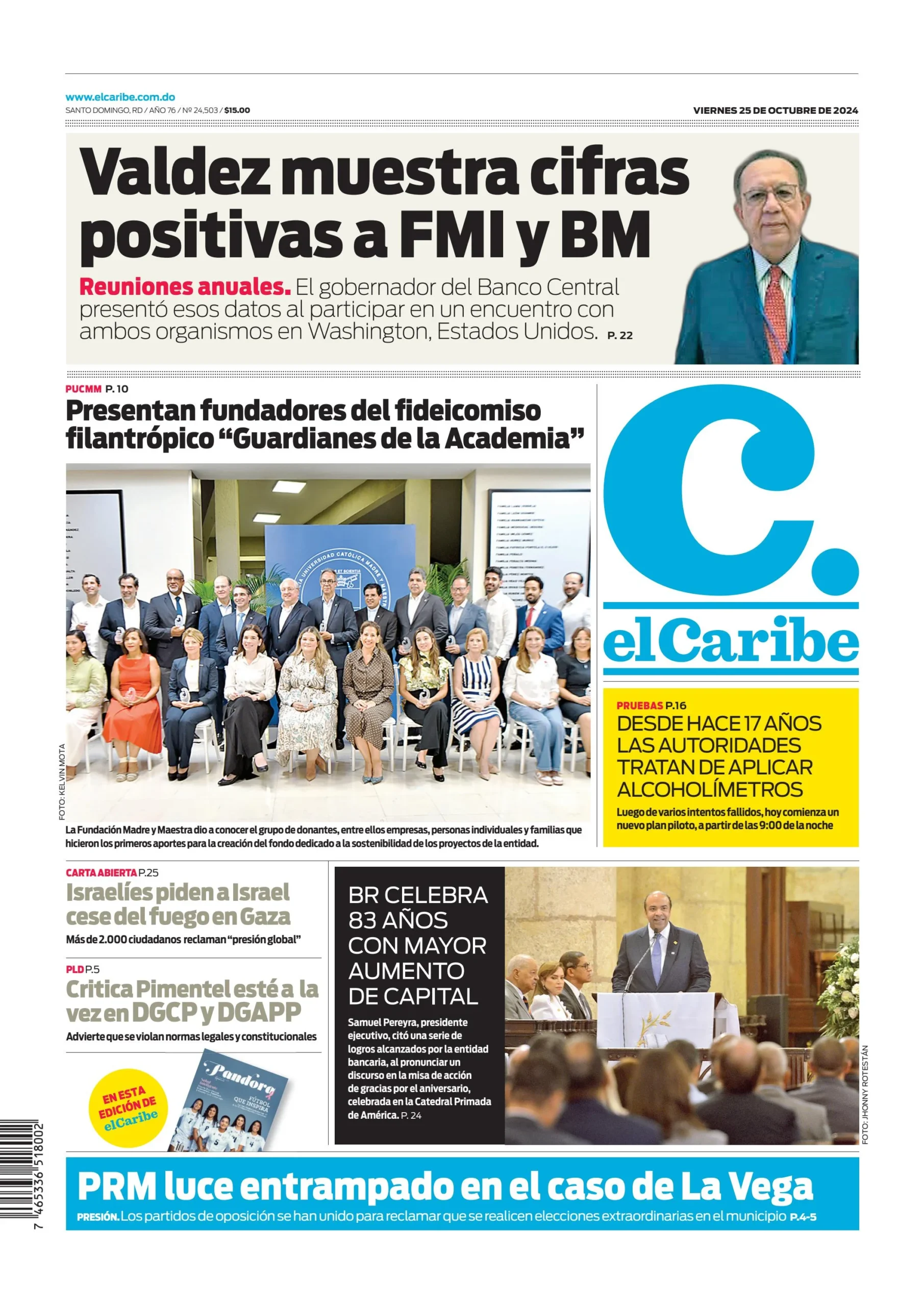 Portada Periódico El Caribe, Viernes 25 Octubre, 2024