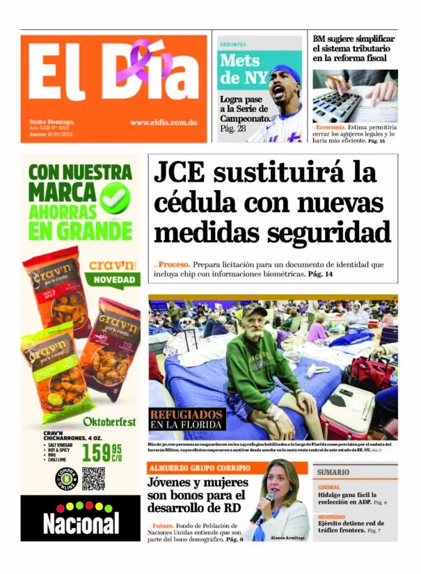 Portada Periódico El Día, Jueves 10 Octubre, 2024