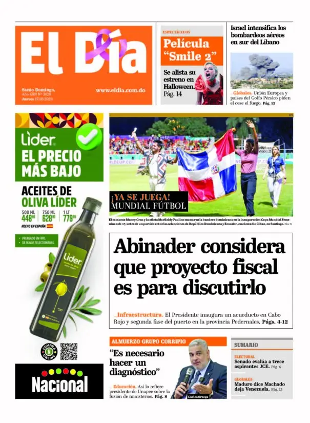 Portada Periódico El Día, Jueves 17 Octubre, 2024