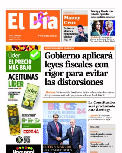 Portada Periódico El Día, Jueves 24 Octubre, 2024