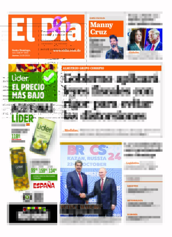 Portada Periódico El Día, Jueves 24 Octubre, 2024