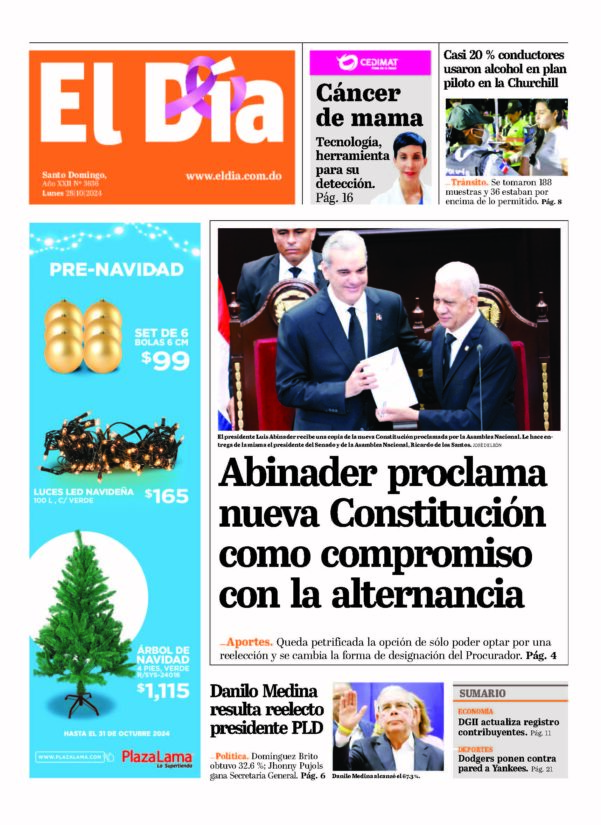 Portada Periódico El Día, Lunes 28 Octubre, 2024