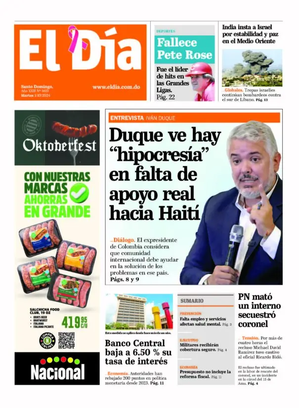 Portada Periódico El Día, Martes 01 Octubre, 2024