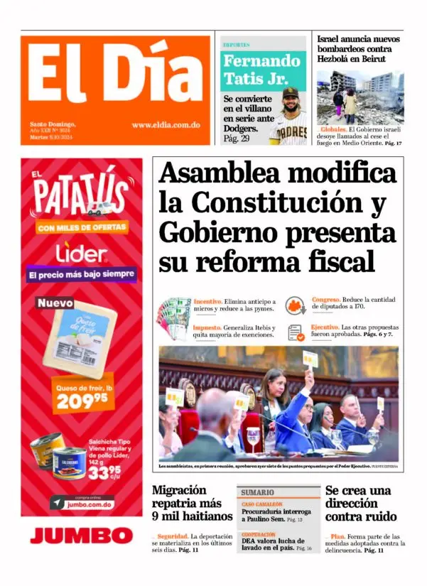 Portada Periódico El Día, Martes 08 Octubre, 2024