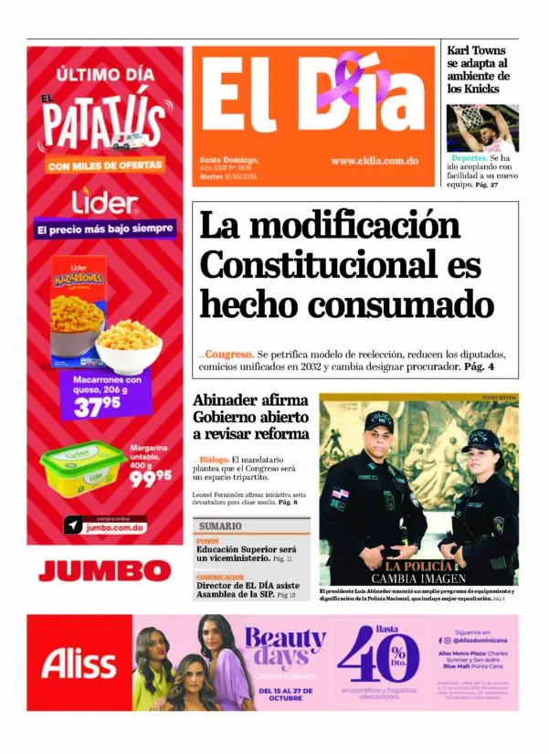 Portada Periódico El Día, Martes 15 Octubre, 2024