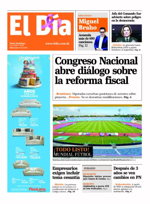 Portada Periódico El Día, Miércoles 16 Octubre, 2024