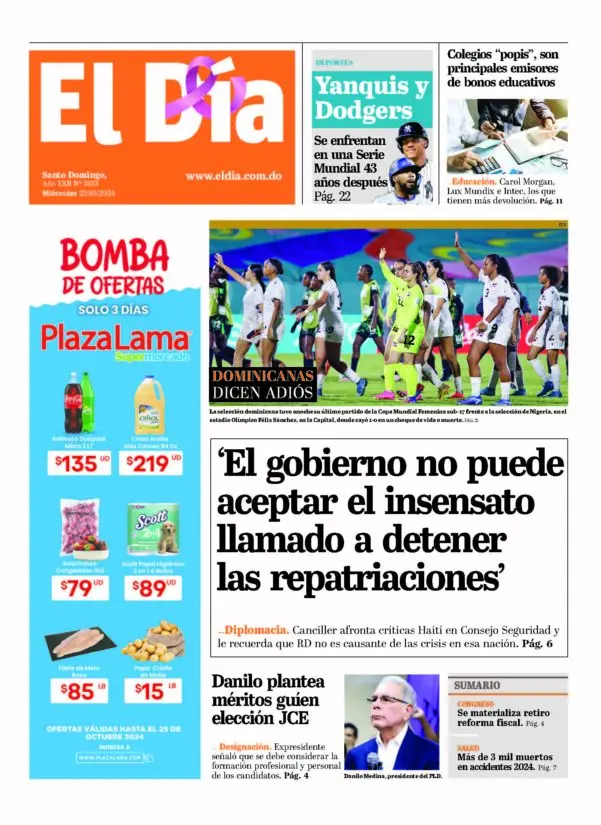 Portada Periódico El Día, Miércoles 23 Octubre, 2024