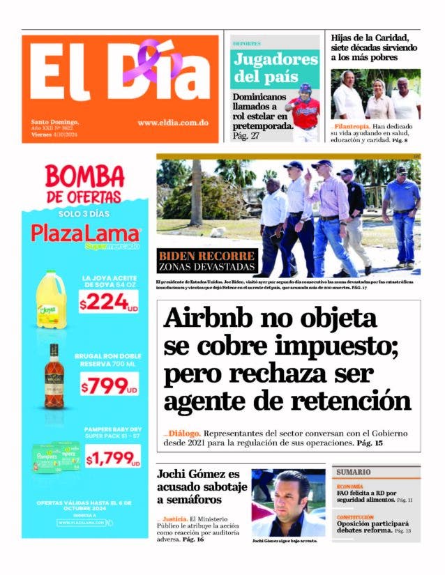 Portada Periódico El Día, Viernes 04 Octubre, 2024