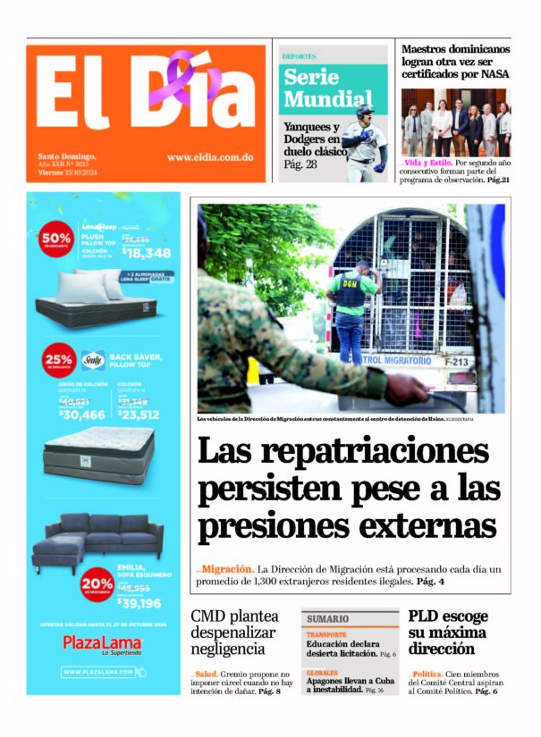 Portada Periódico El Día, Viernes 25 Octubre, 2024