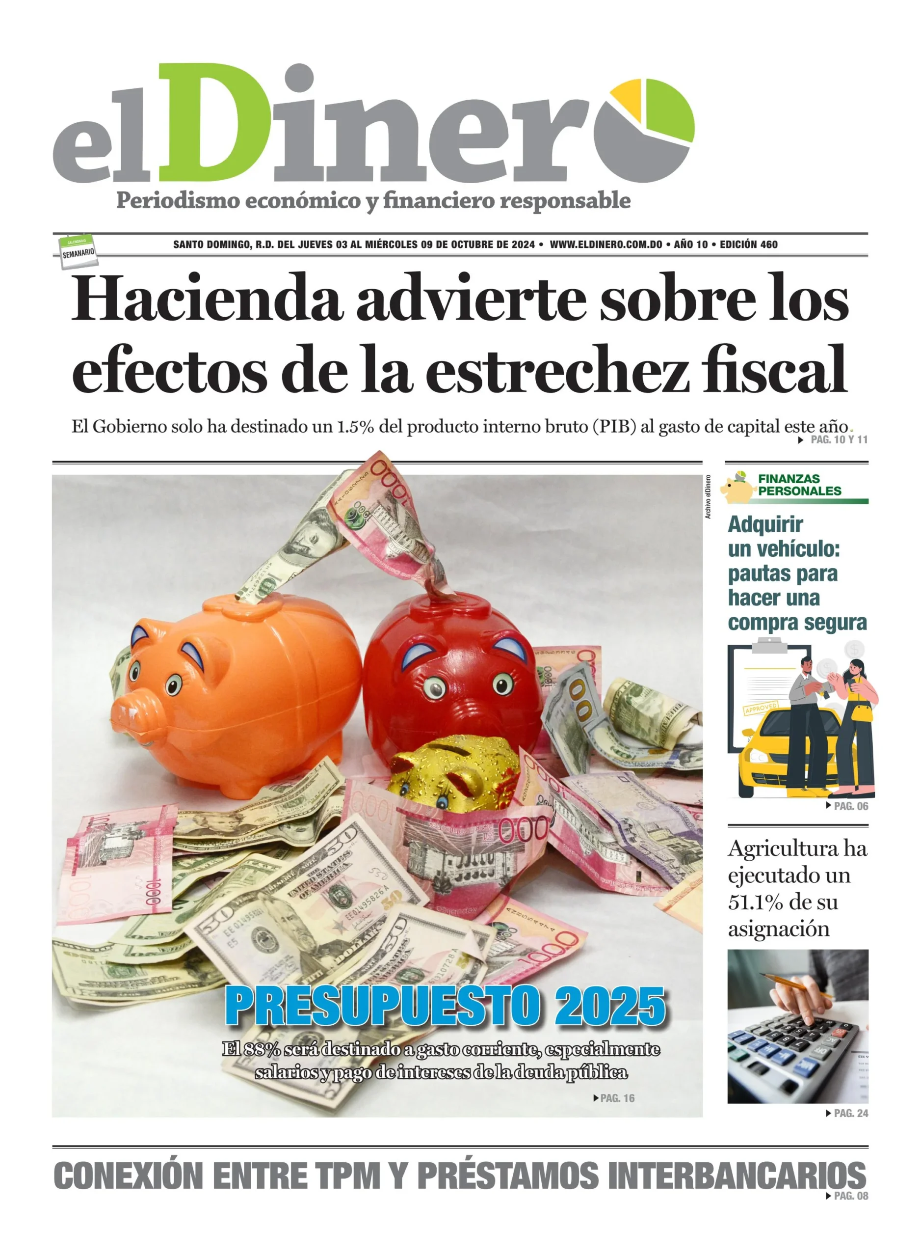 Portada Periódico El Dinero, Jueves 03 Octubre, 2024