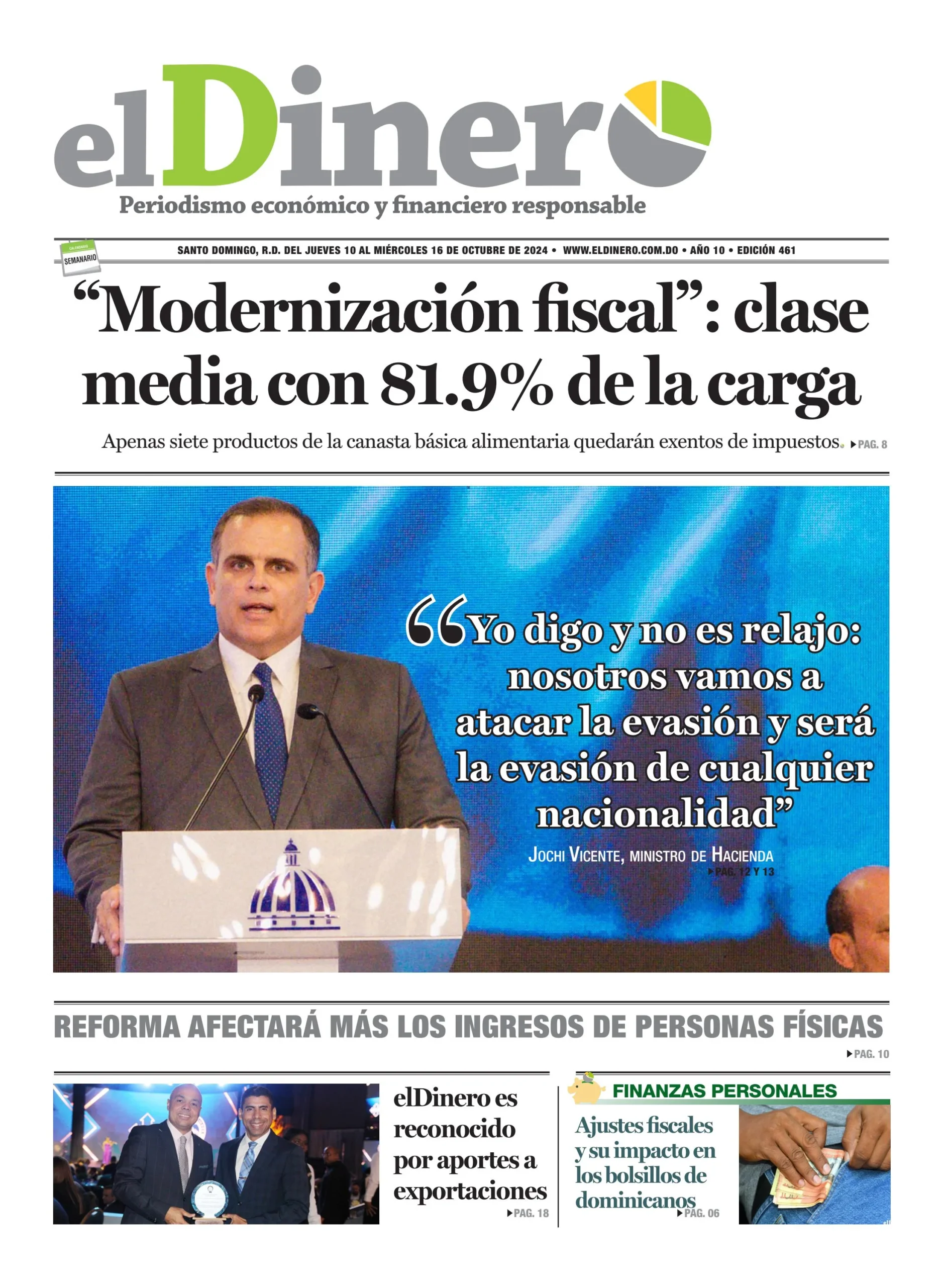 Portada Periódico El Dinero, Jueves 10 Octubre, 2024