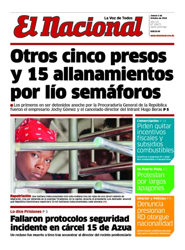 Portada Periódico El Nacional, Jueves 03 Octubre, 2024