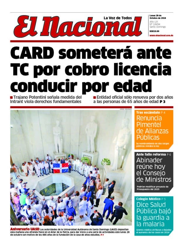 Portada Periódico El Nacional, Lunes 28 Octubre, 2024