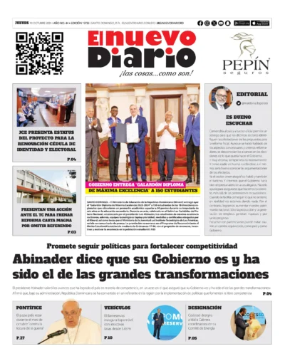 Portada Periódico El Nuevo Diario, Jueves 10 Octubre, 2024