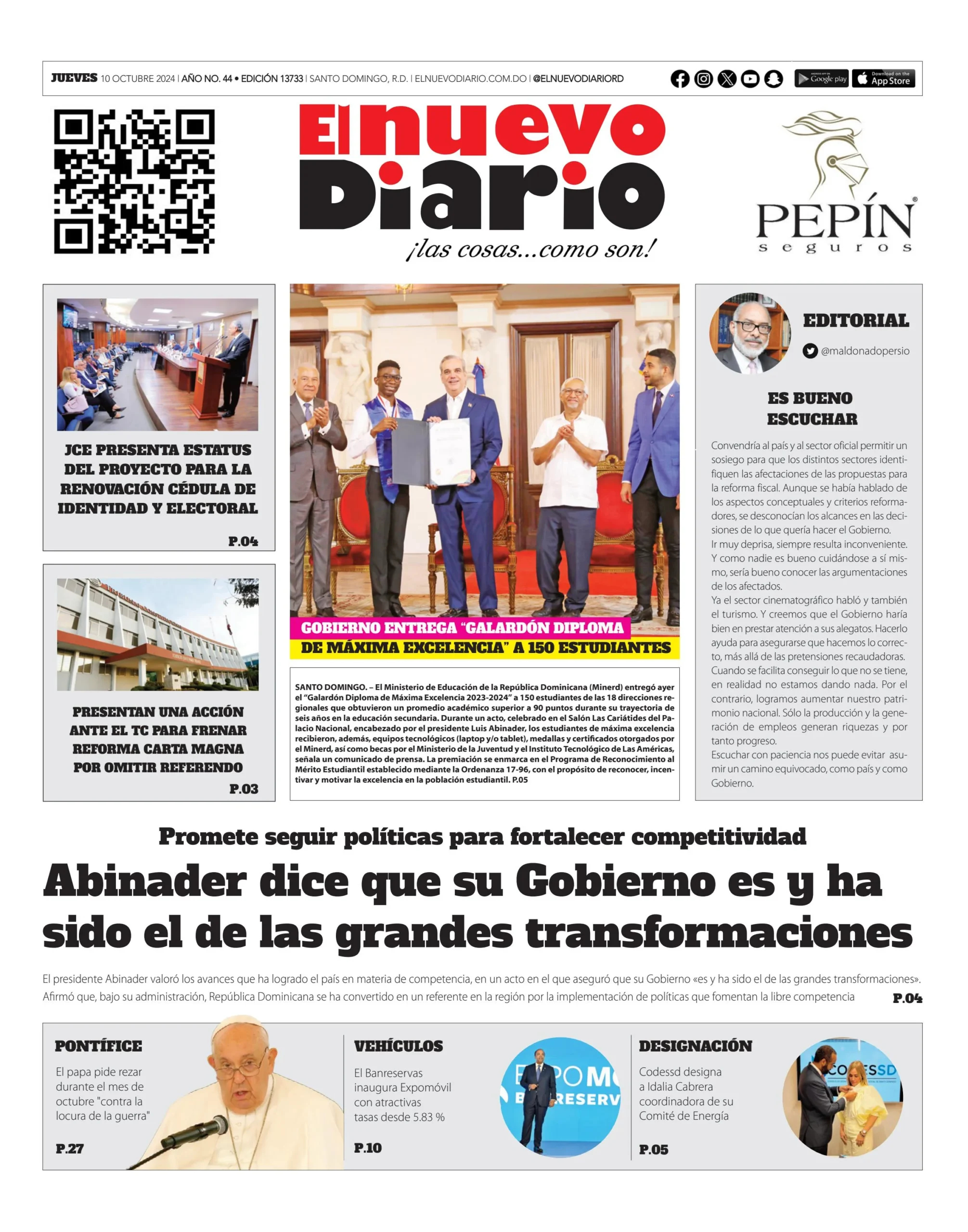 Portada Periódico El Nuevo Diario, Jueves 10 Octubre, 2024