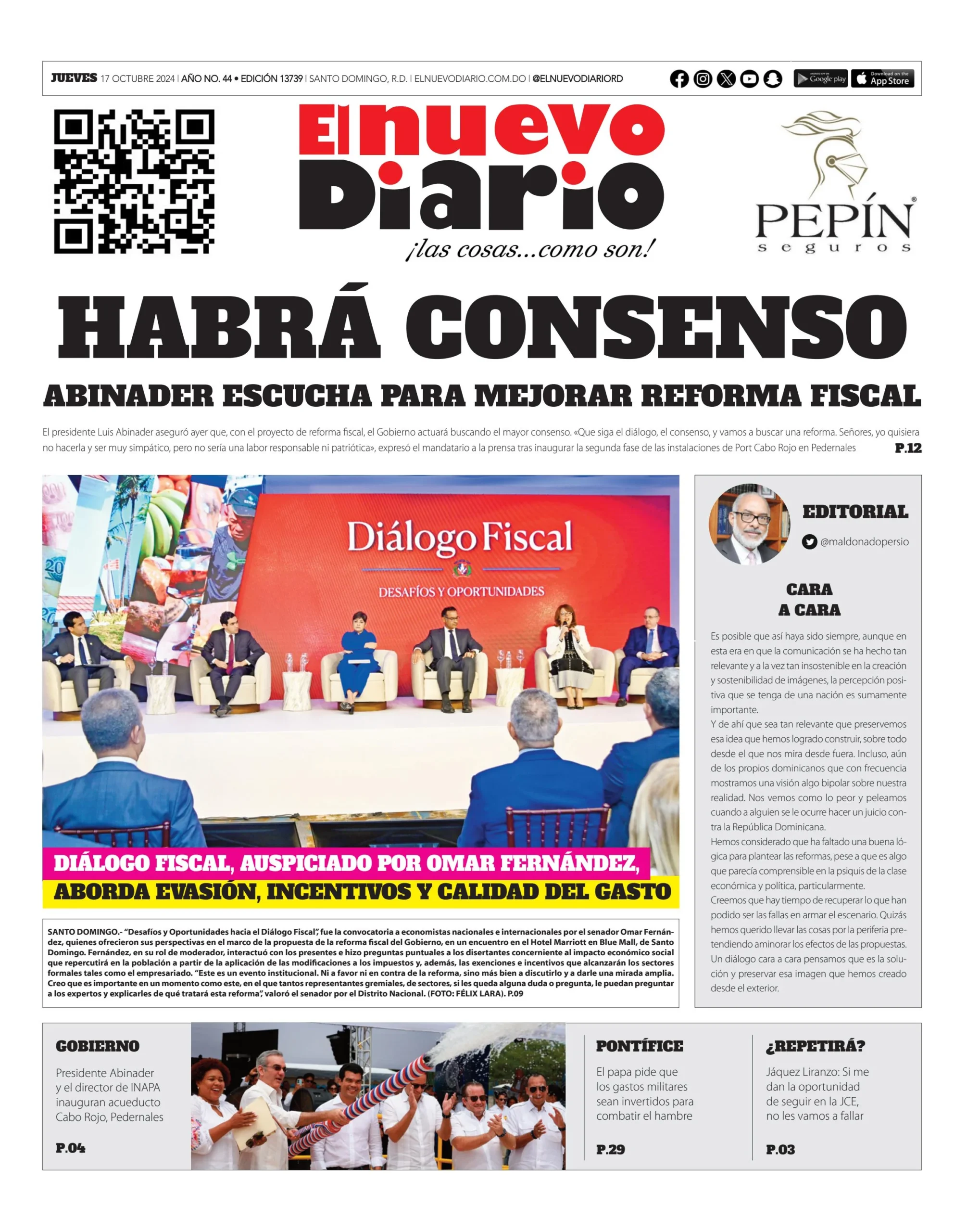 Portada Periódico El Nuevo Diario, Jueves 17 Octubre, 2024