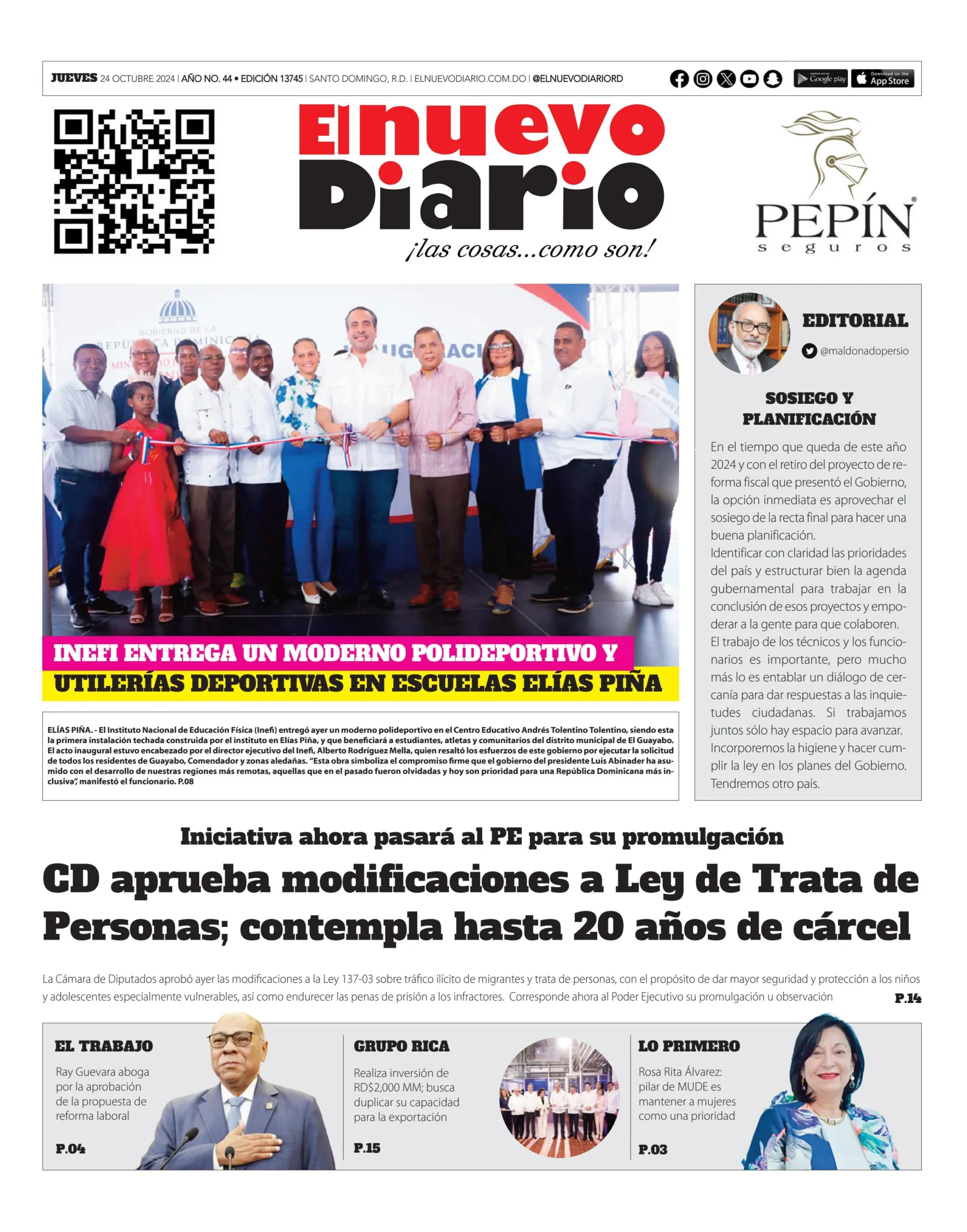 Portada Periódico El Nuevo Diario, Jueves 24 Octubre, 2024