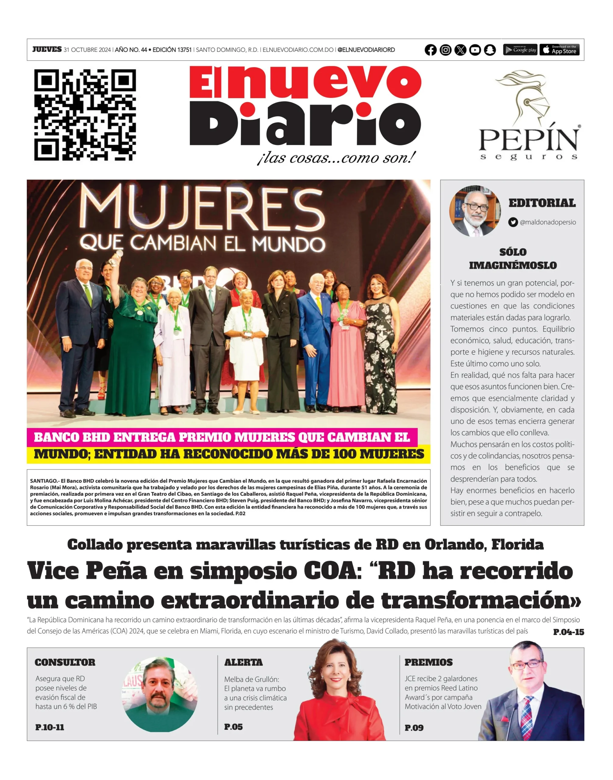 Portada Periódico El Nuevo Diario, Jueves 31 Octubre, 2024