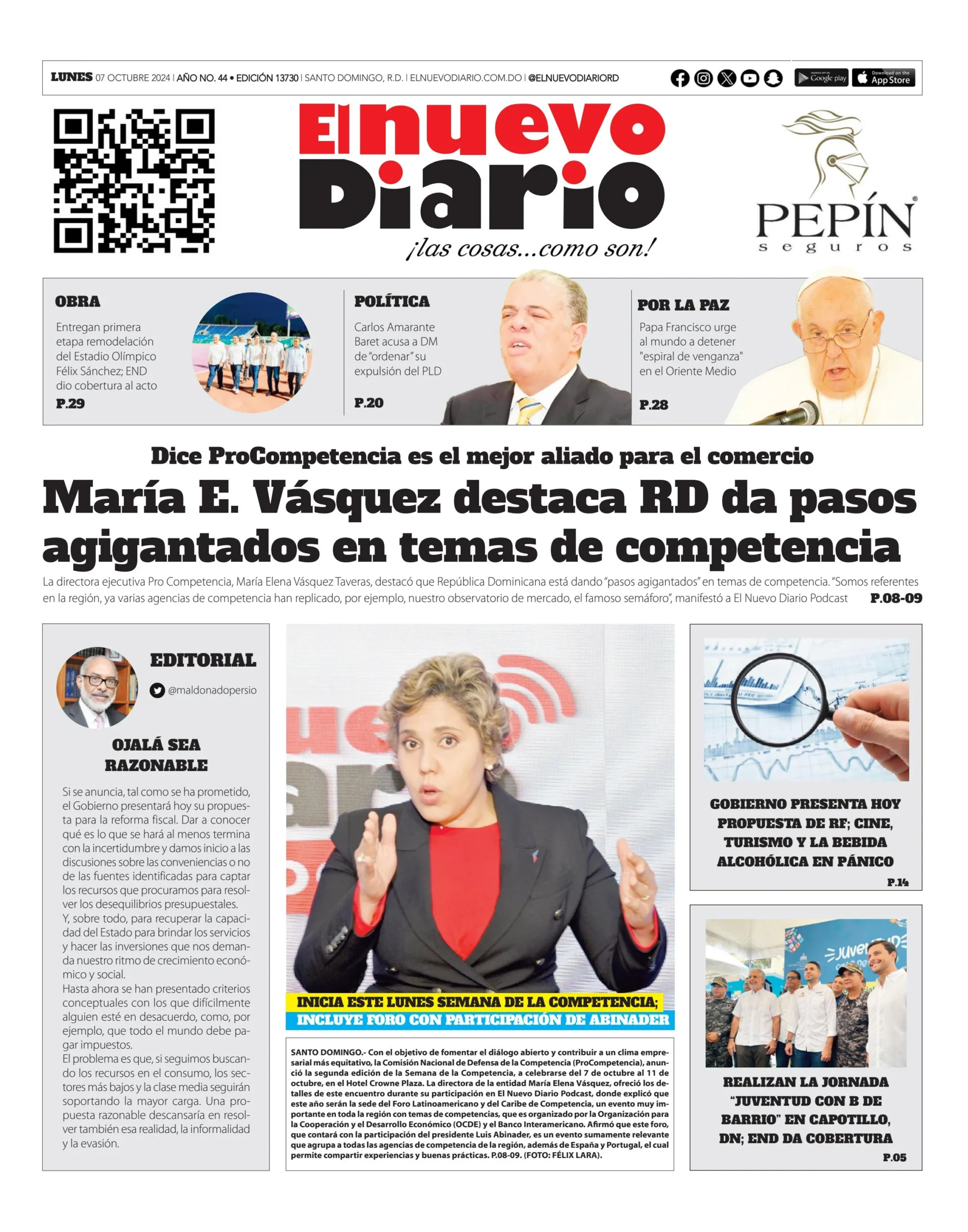 Portada Periódico El Nuevo Diario, Lunes 07 Octubre, 2024