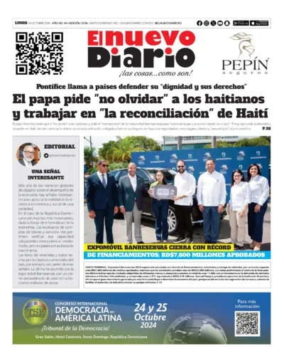 Portada Periódico El Nuevo Diario, Lunes 14 Octubre, 2024