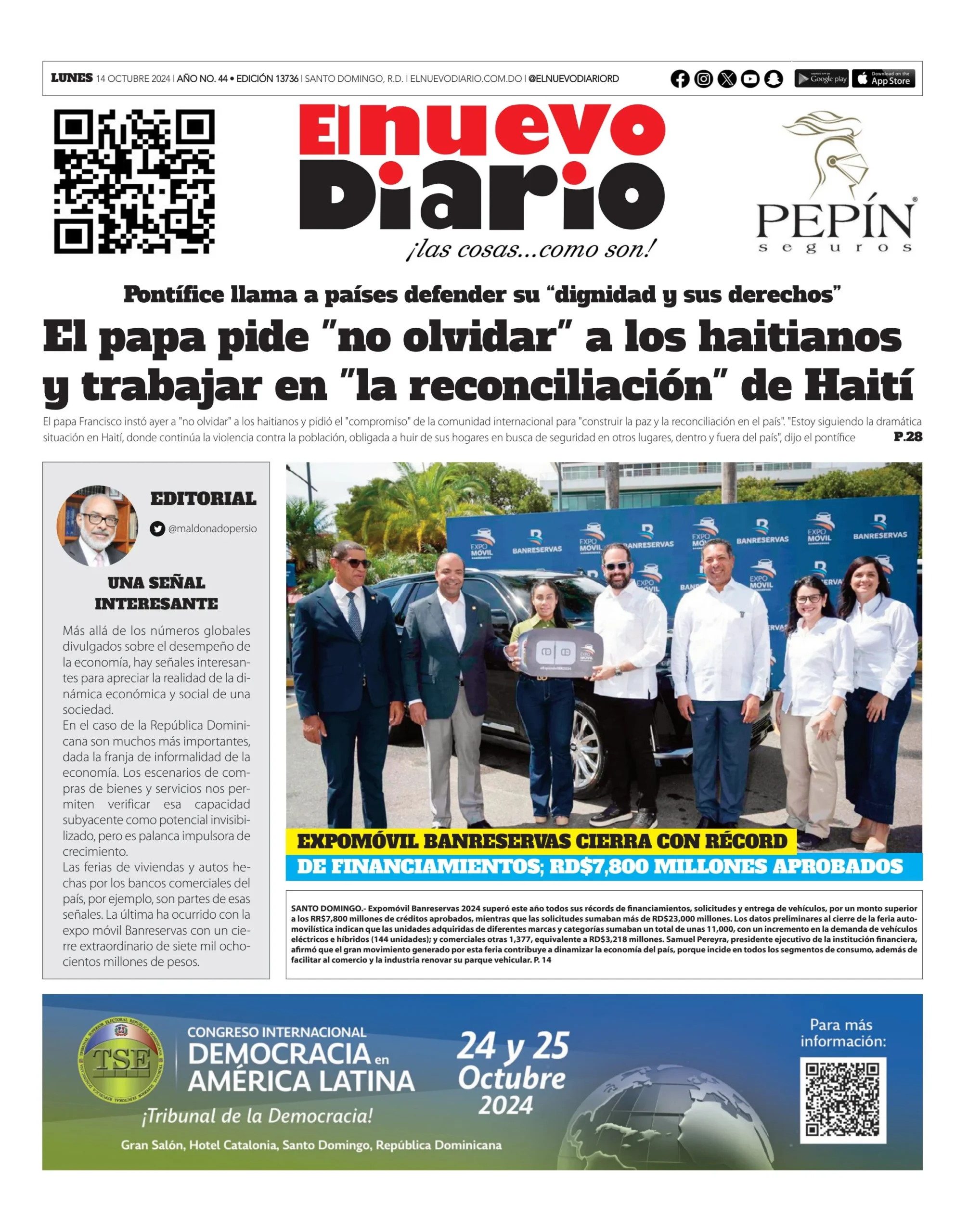 Portada Periódico El Nuevo Diario, Lunes 14 Octubre, 2024