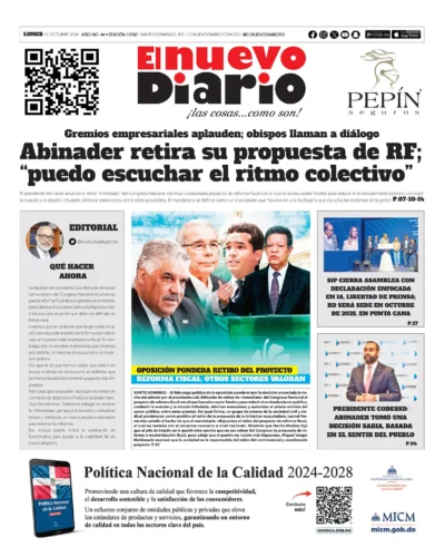 Portada Periódico El Nuevo Diario, Lunes 21 Octubre, 2024