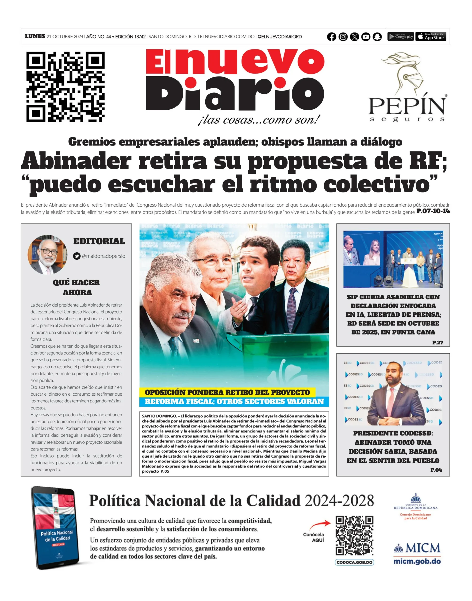 Portada Periódico El Nuevo Diario, Lunes 21 Octubre, 2024